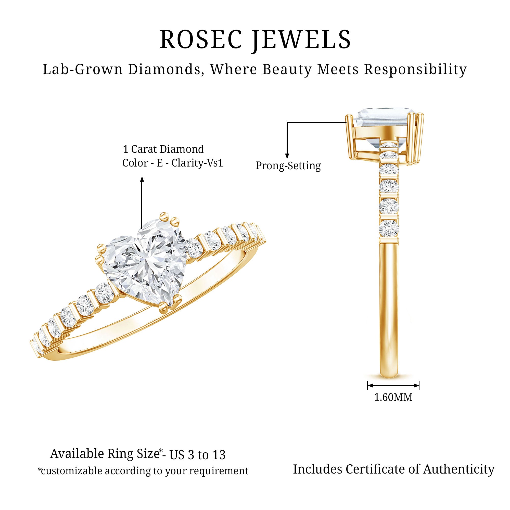 IGI Certified Lab Grown Diamond 1 Carat Heart Engagement Ring for Women Lab - ( E-VS1 ) - Rosec Jewels