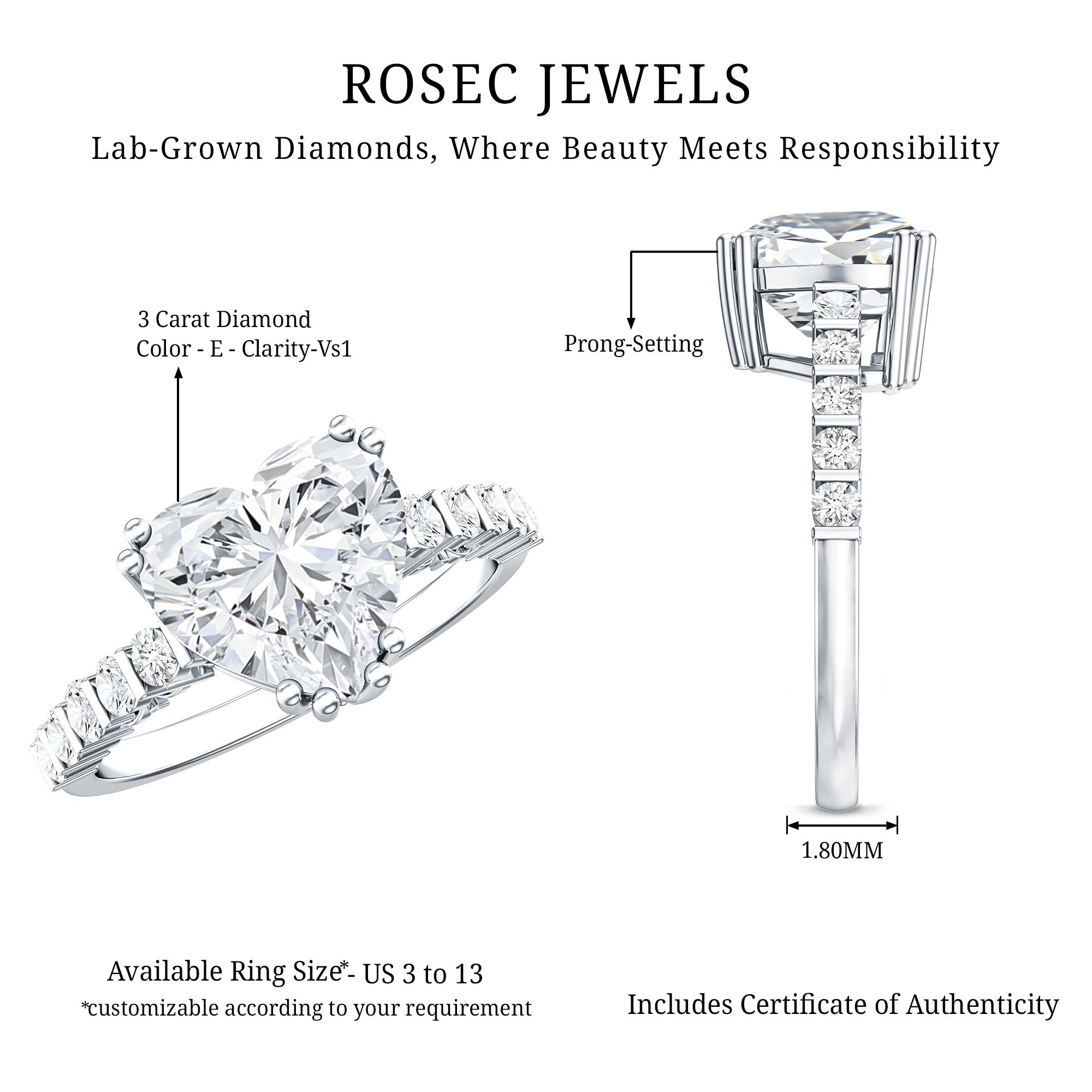 IGI Certified Lab Grown 3 Carat Diamond Heart Engagement Ring with Side Stones Lab - ( E-VS1 ) - Rosec Jewels