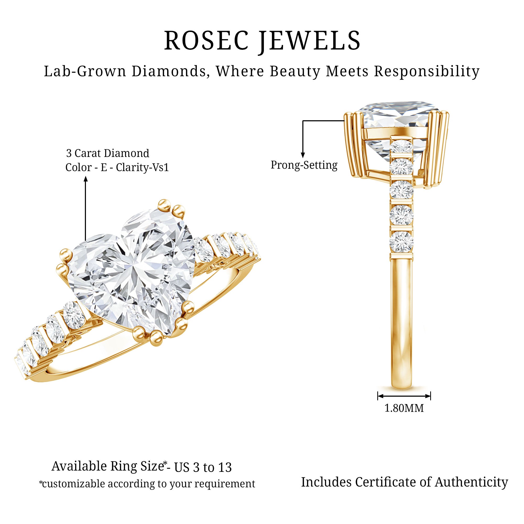 IGI Certified Lab Grown 3 Carat Diamond Heart Engagement Ring with Side Stones Lab - ( E-VS1 ) - Rosec Jewels