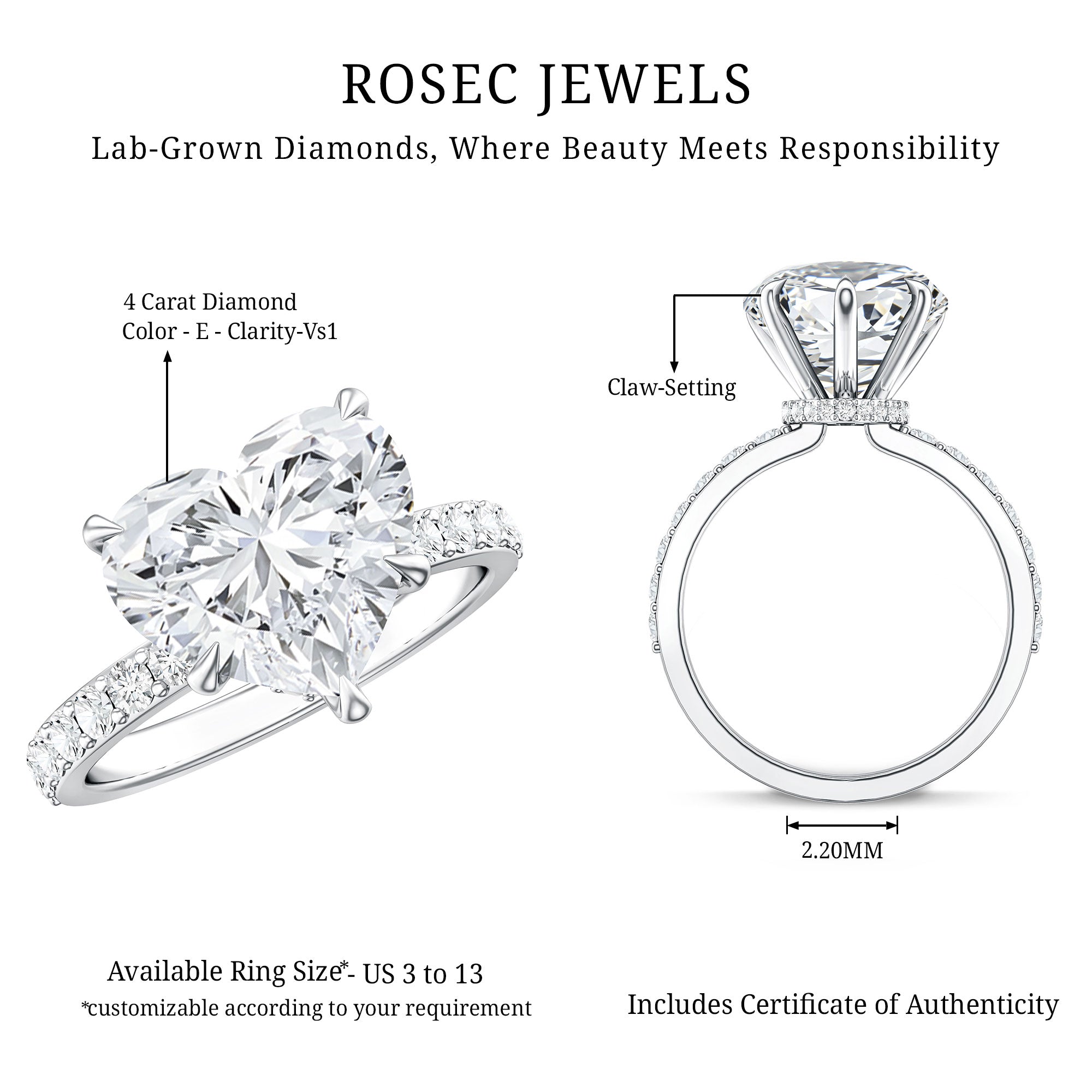 IGI Certified 4 Carat Lab Grown Diamond Heart Engagement Ring for Women Lab - ( E-VS1 ) - Rosec Jewels