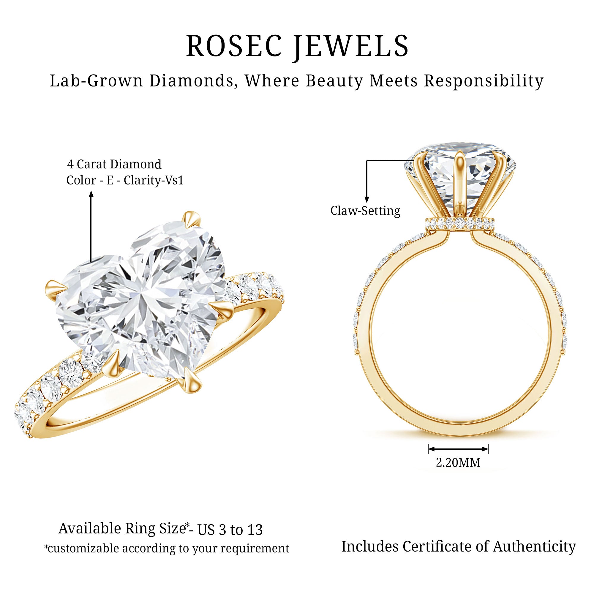 IGI Certified 4 Carat Lab Grown Diamond Heart Engagement Ring for Women Lab - ( E-VS1 ) - Rosec Jewels