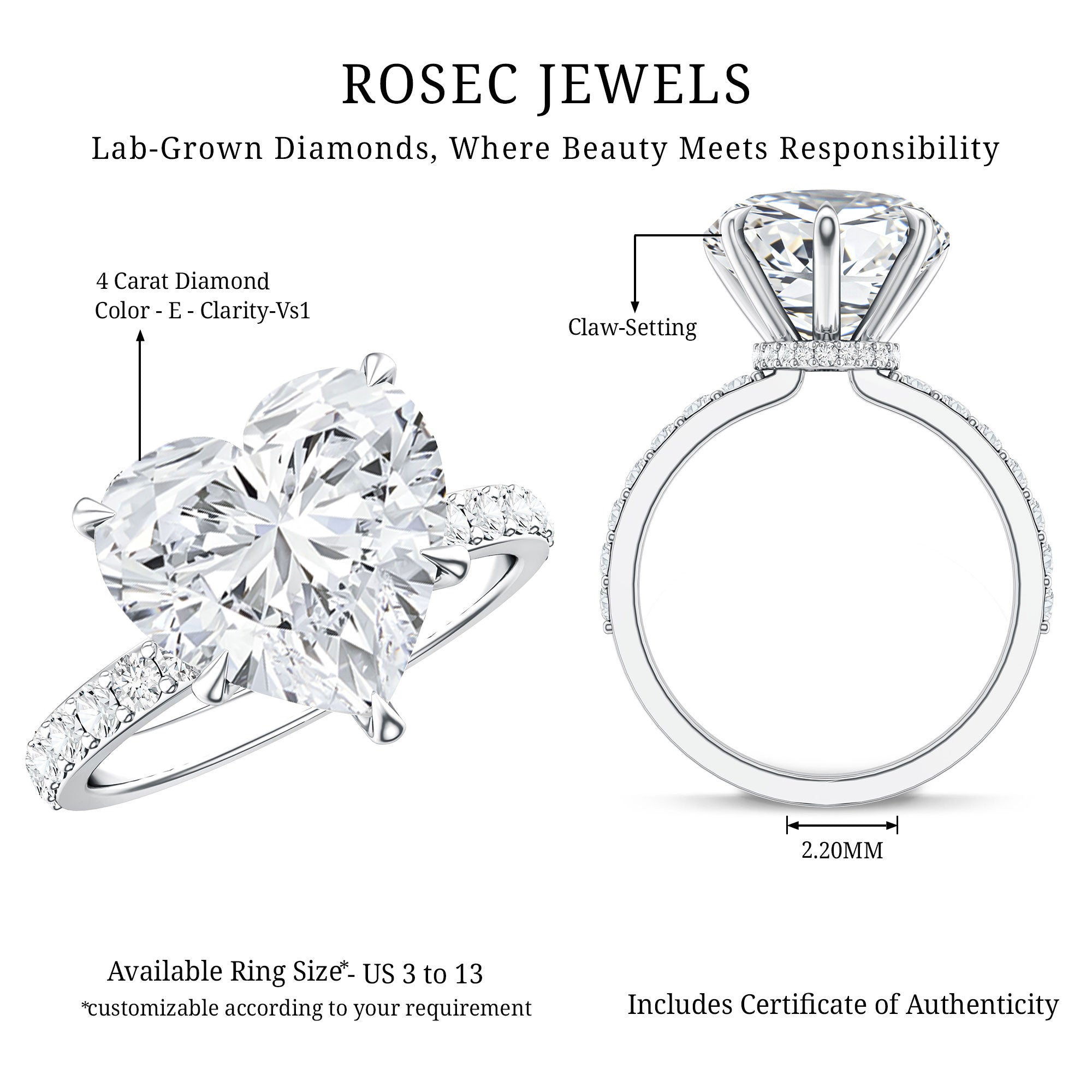 Solitaire Heart Engagement Ring with 5 Carat IGI Certified Lab Grown Diamond Lab - ( E-VS1 ) - Rosec Jewels