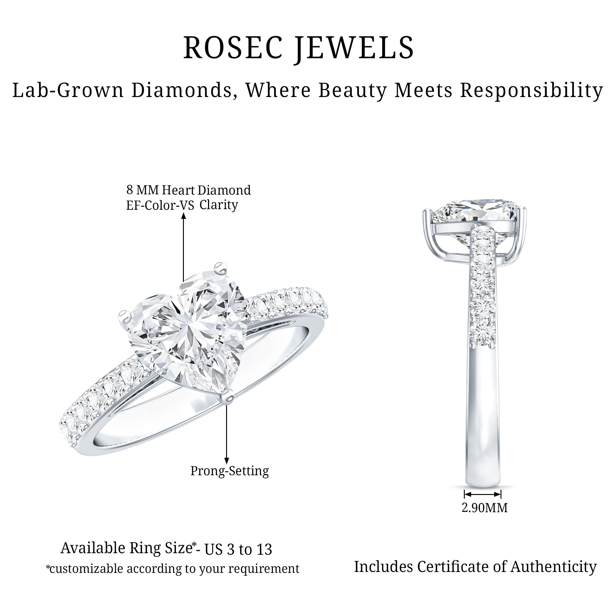 IGI Certified Heart Lab Grown Diamond Side Stone Engagement Ring 2 Carat Lab - ( E-VS1 ) - Rosec Jewels