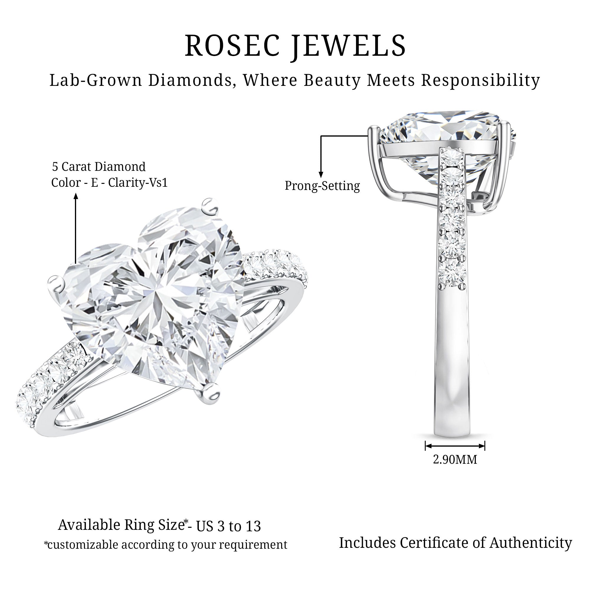 Big 5 Carat Lab Grown Diamond Heart Shaped Engagement Ring with IGI Certificate Lab - ( E-VS1 ) - Rosec Jewels
