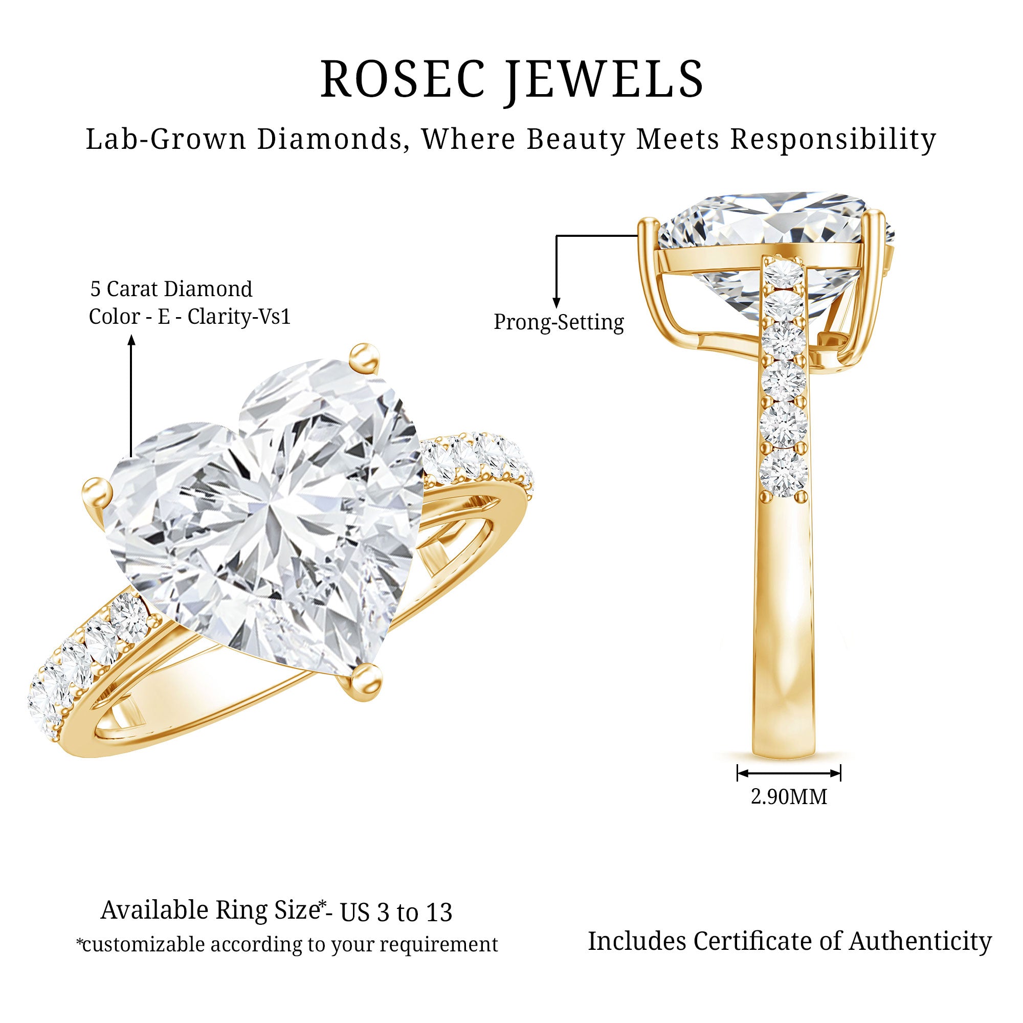 Rosec Jewels-Big 5 Carat Lab Grown Diamond Heart Shaped Engagement Ring with IGI Certificate