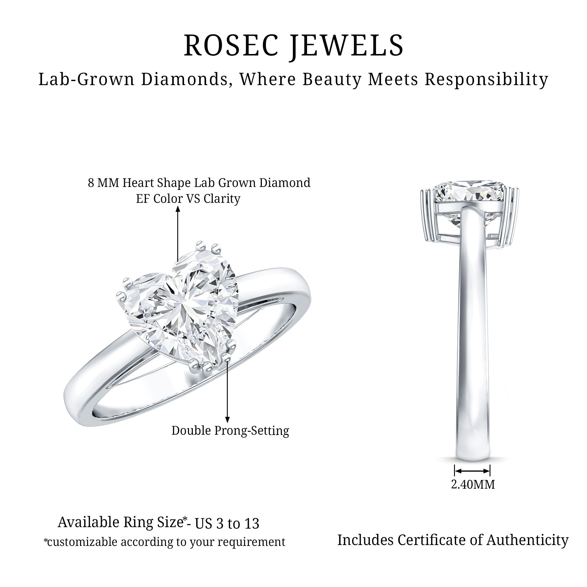 Heart Shaped 2 Carat Lab Grown Diamond Solitaire Engagement Ring with IGI Certificate Lab - ( E-VS1 ) - Rosec Jewels