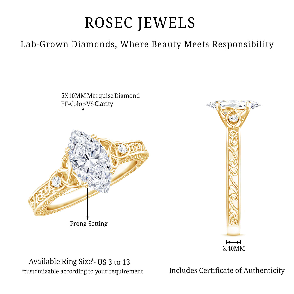 Vintage Inspired 1 Carat Marquise Cut Lab Grown Diamond Celtic Engagement Ring IGI Certified Lab - ( E-VS1 ) - Rosec Jewels