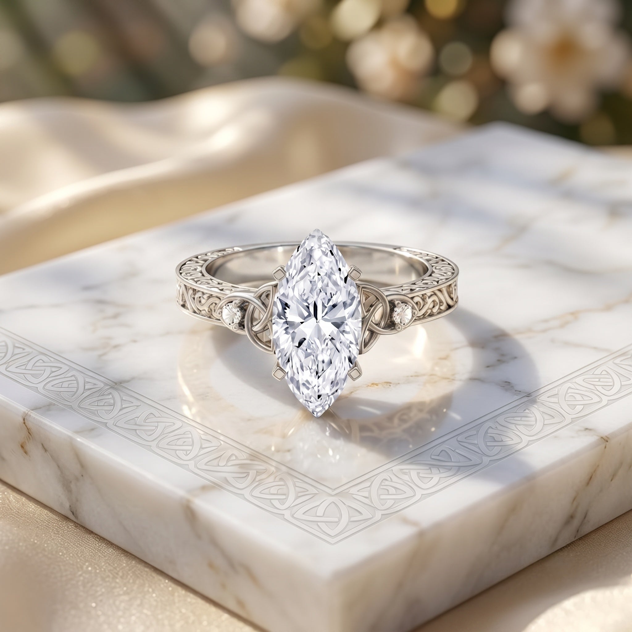 Antique Looking 3 Carat Marquise Lab Diamond Celtic Knot Engagement Ring IGI Certified Lab - ( E-VS1 ) - Rosec Jewels