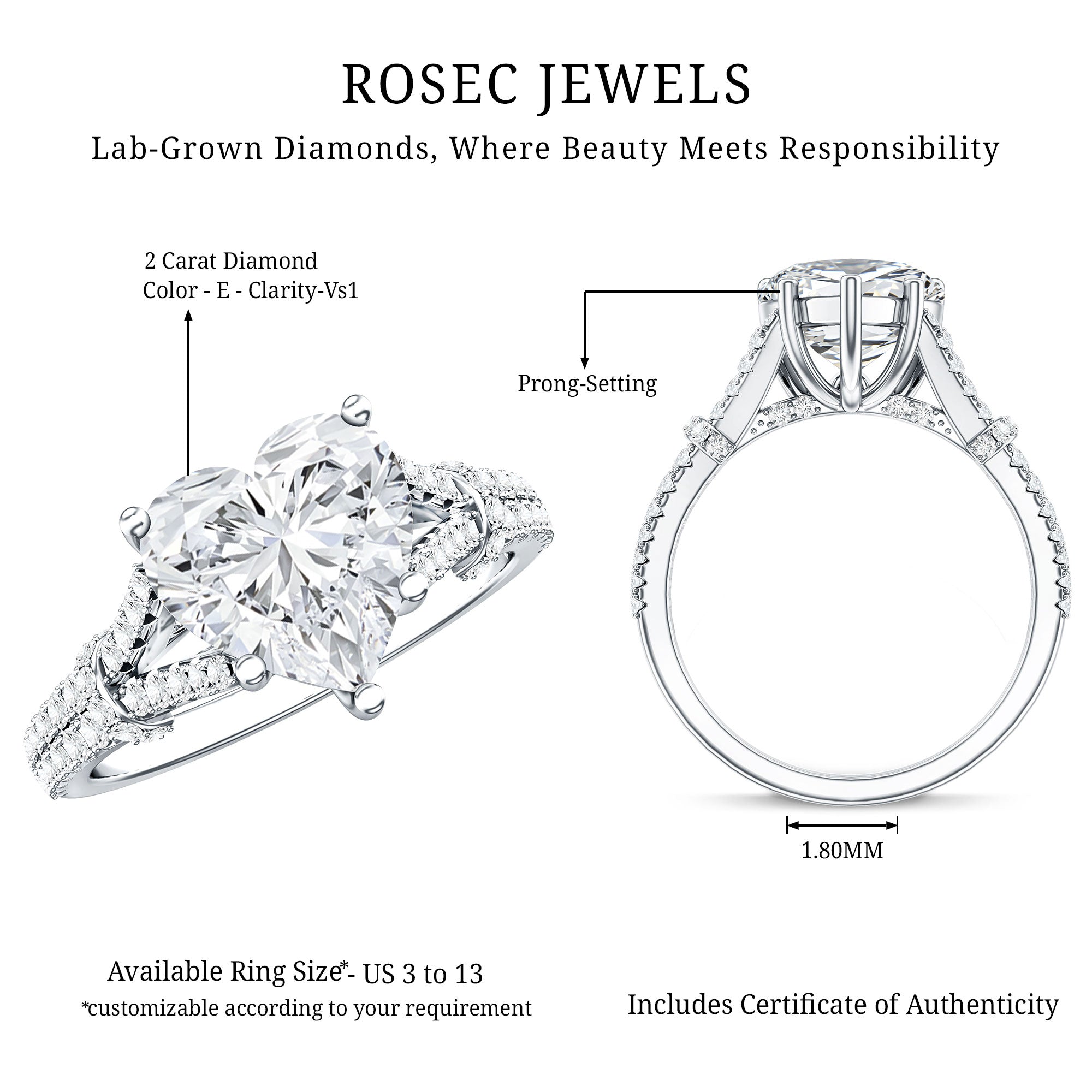 2 Carat Heart Lab Grown Diamond Split Shank Engagement Ring with IGI Certificate Lab - ( E-VS1 ) - Rosec Jewels