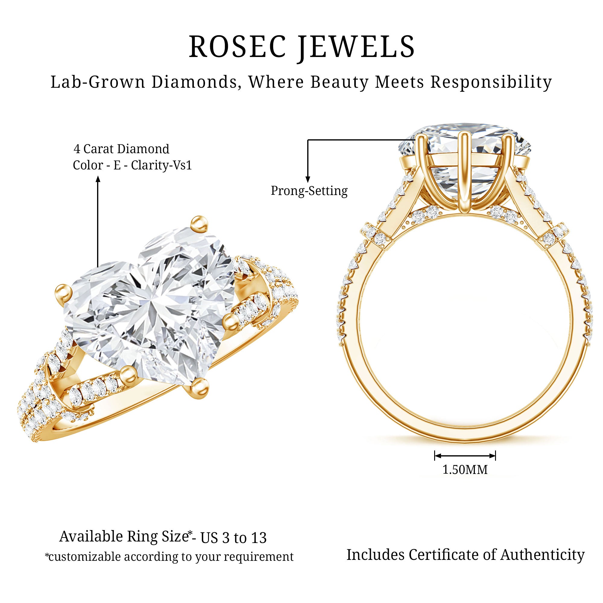 IGI Certified 4 Carat Big Heart Lab Grown Diamond Split Shank Engagement Ring Lab - ( E-VS1 ) - Rosec Jewels