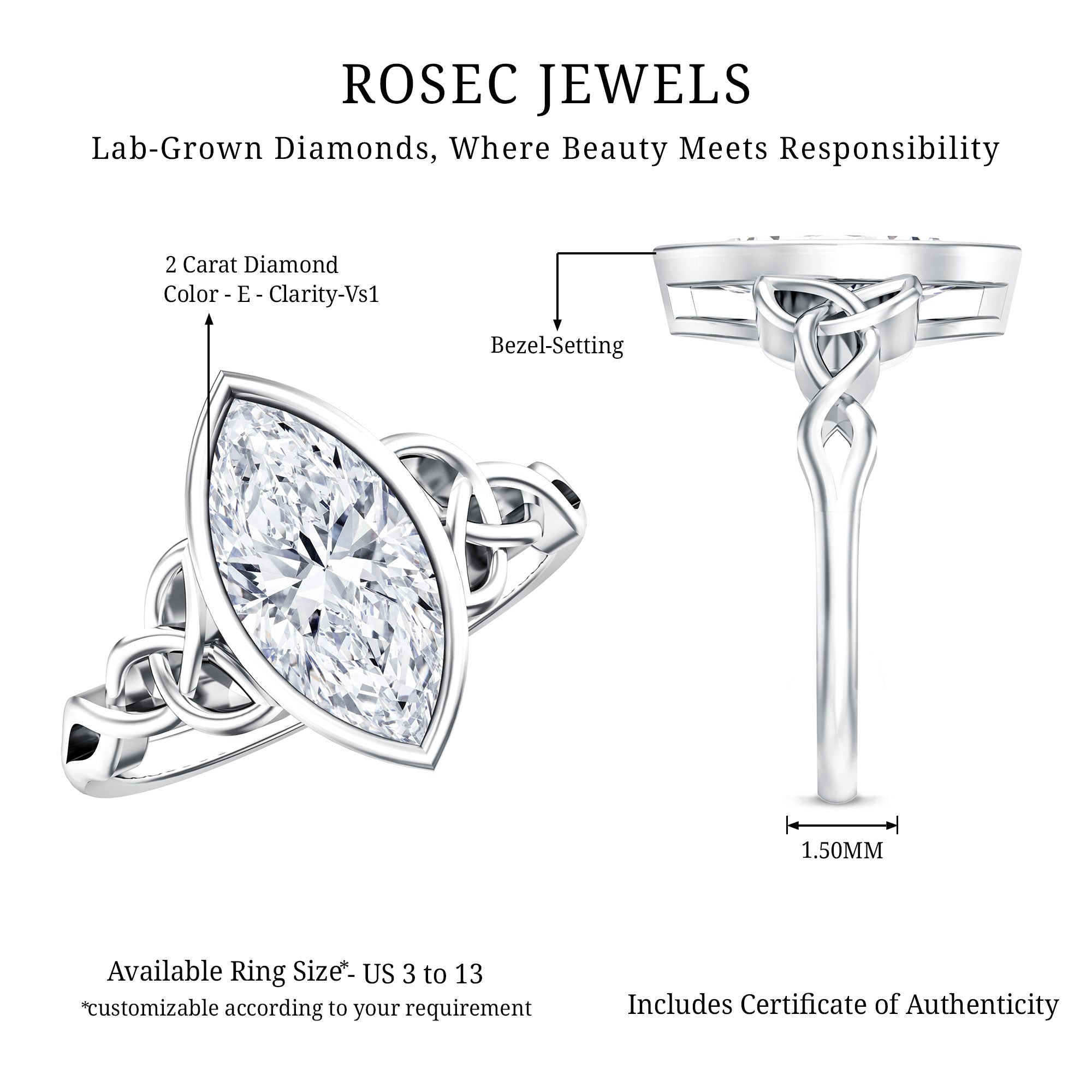 Solitaire Marquise Cut 2 Carat Lab Grown Diamond Celtic Engagement Ring IGI Certified Lab - ( E-VS1 ) - Rosec Jewels