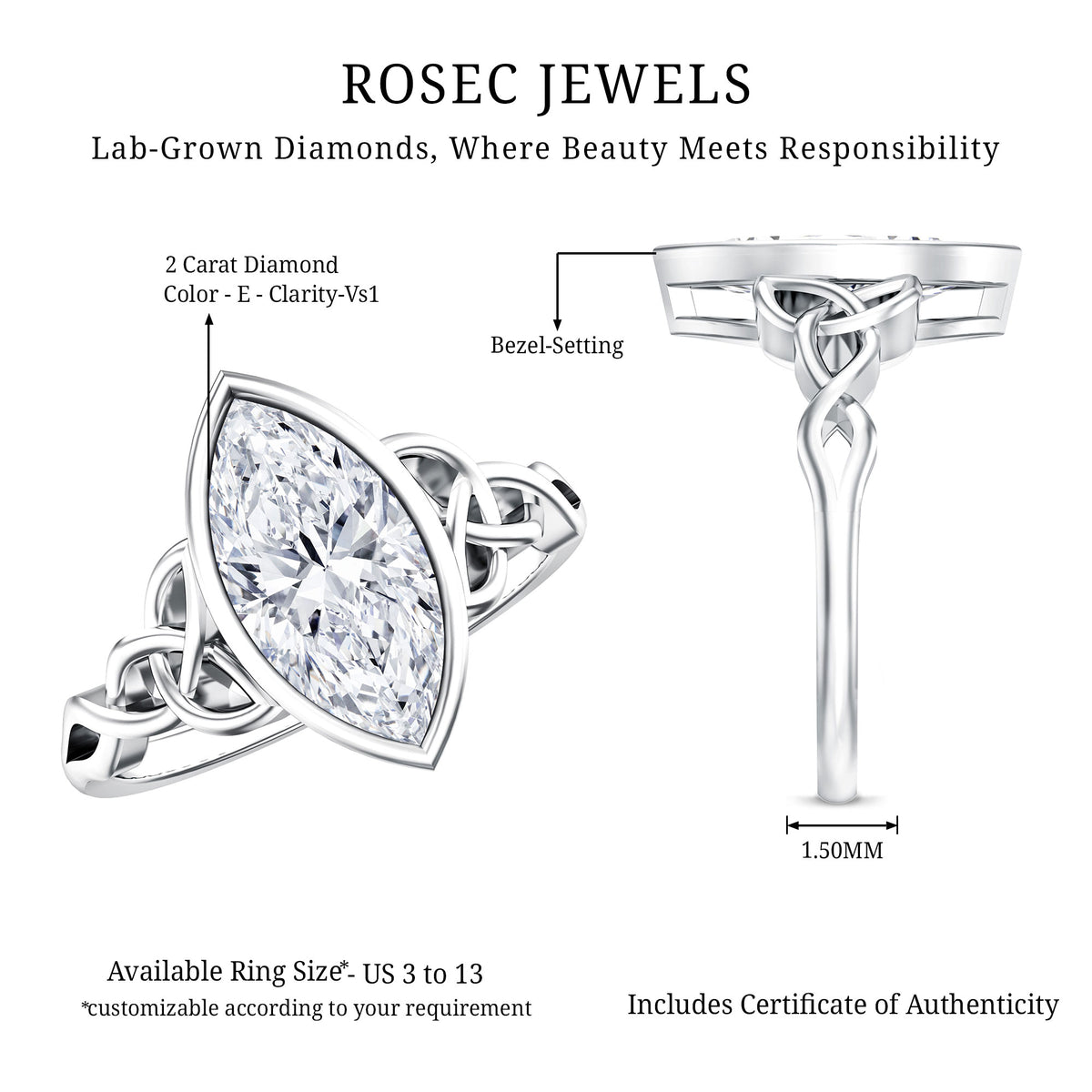 Solitaire Marquise Cut 2 Carat Lab Grown Diamond Celtic Engagement Ring IGI Certified Lab - ( E-VS1 ) - Rosec Jewels