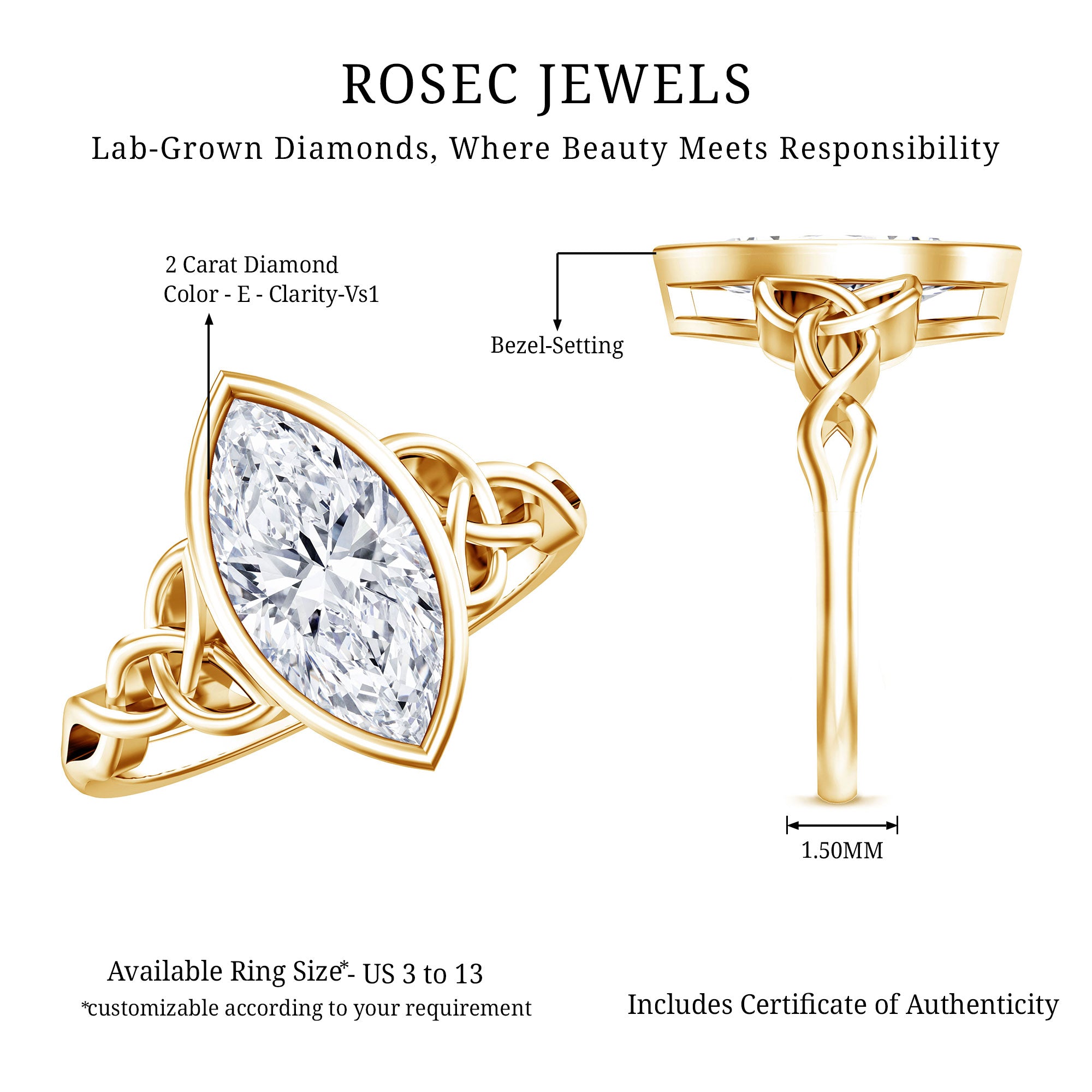 Solitaire Marquise Cut 2 Carat Lab Grown Diamond Celtic Engagement Ring IGI Certified Lab - ( E-VS1 ) - Rosec Jewels