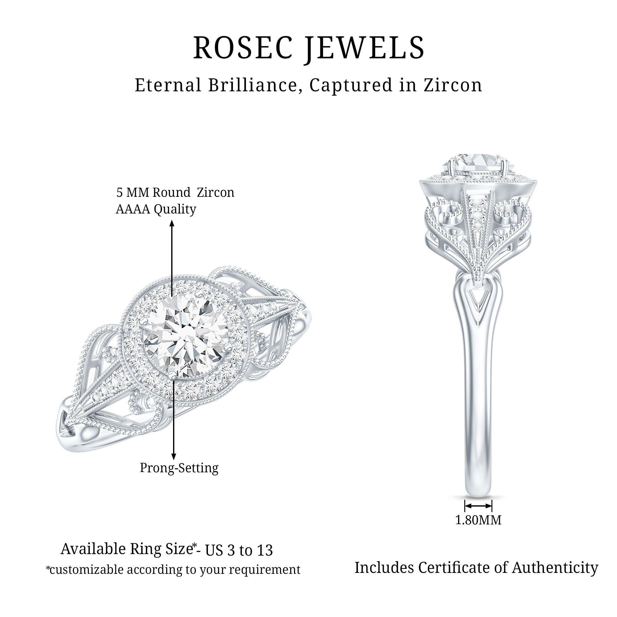 3/4 CT Statement Zircon Engagement Ring with Beaded Details AAAA - Rosec Jewels