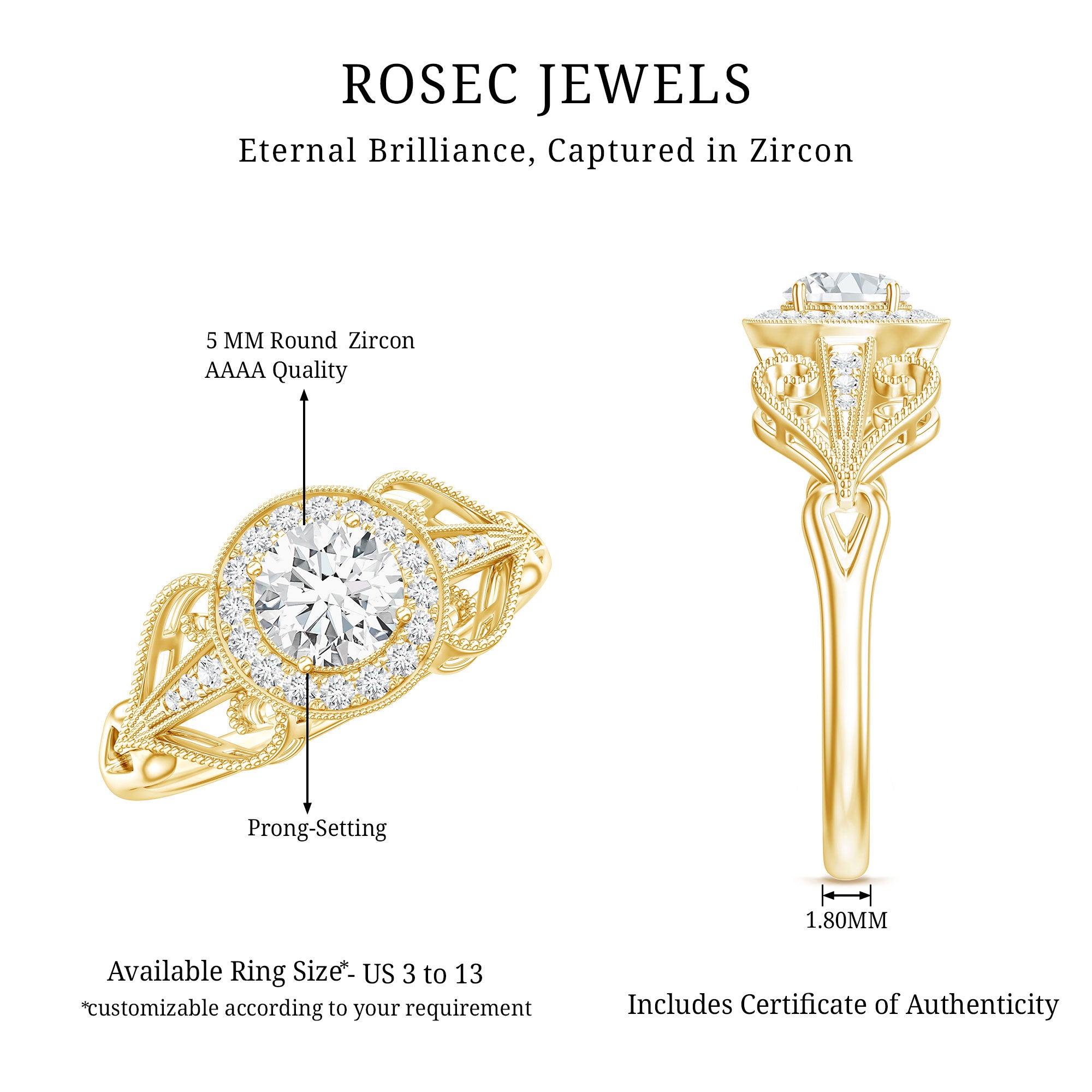 3/4 CT Statement Zircon Engagement Ring with Beaded Details AAAA - Rosec Jewels