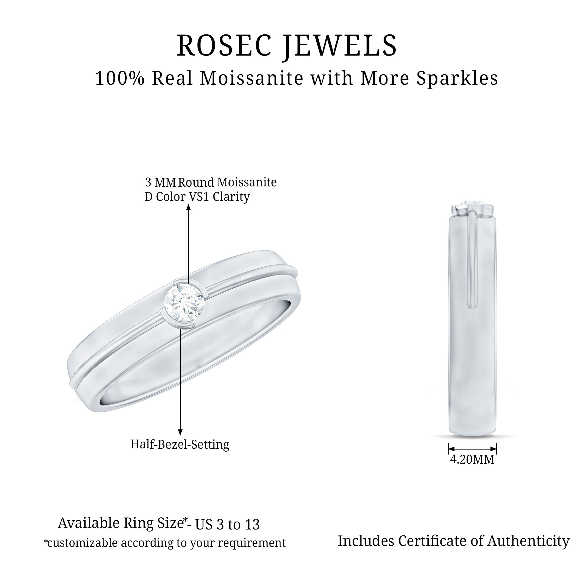 Bezel Set Round Moissanite Mens Wedding Band Ring D-VS1 - Rosec Jewels