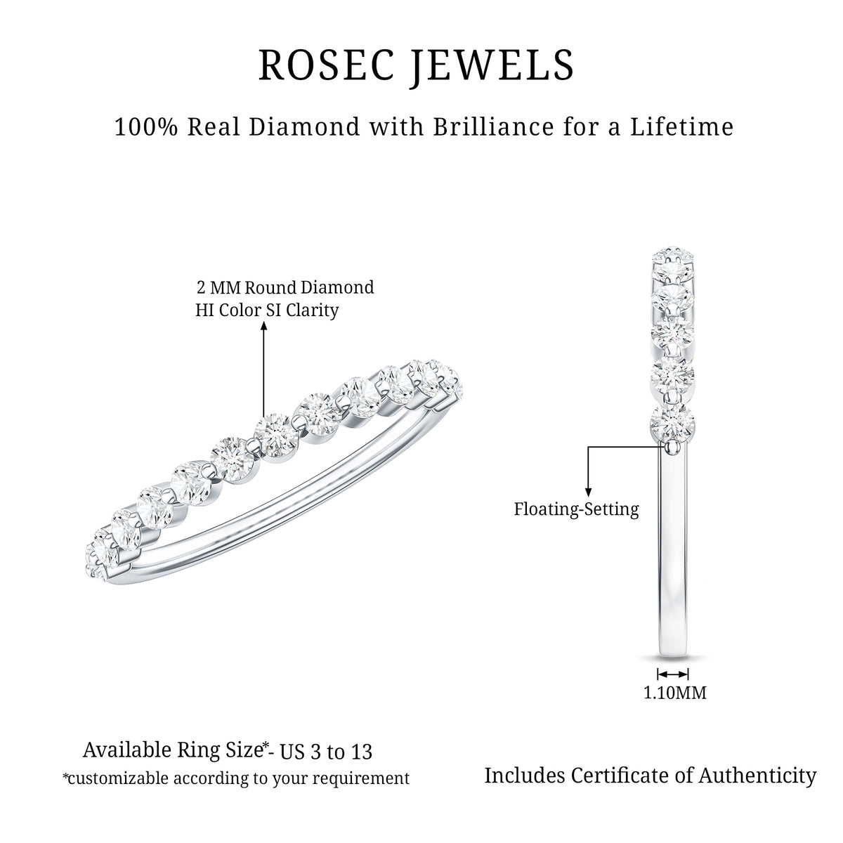 Natural Diamond Half Eternity Stackable Ring Natural - ( HI-SI ) - Rosec Jewels