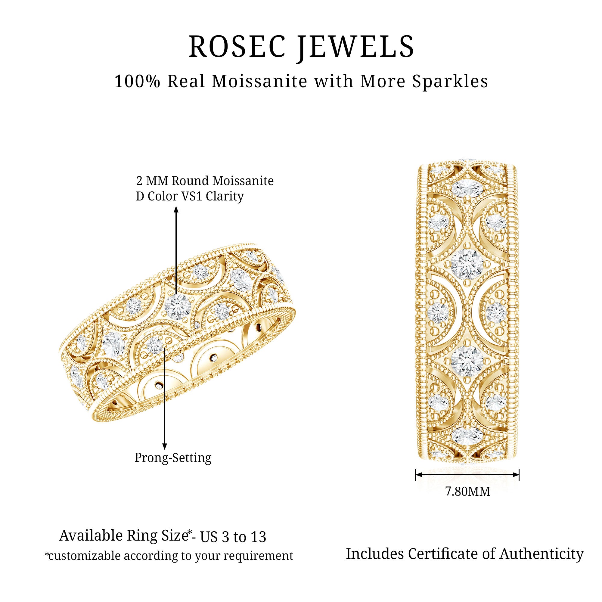 Designer Moissanite Wedding Band Ring D-VS1 - Rosec Jewels