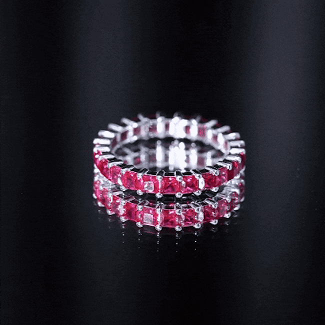 Rosec Jewels-Princess Cut Lab Grown Ruby Eternity Wedding Band for Women