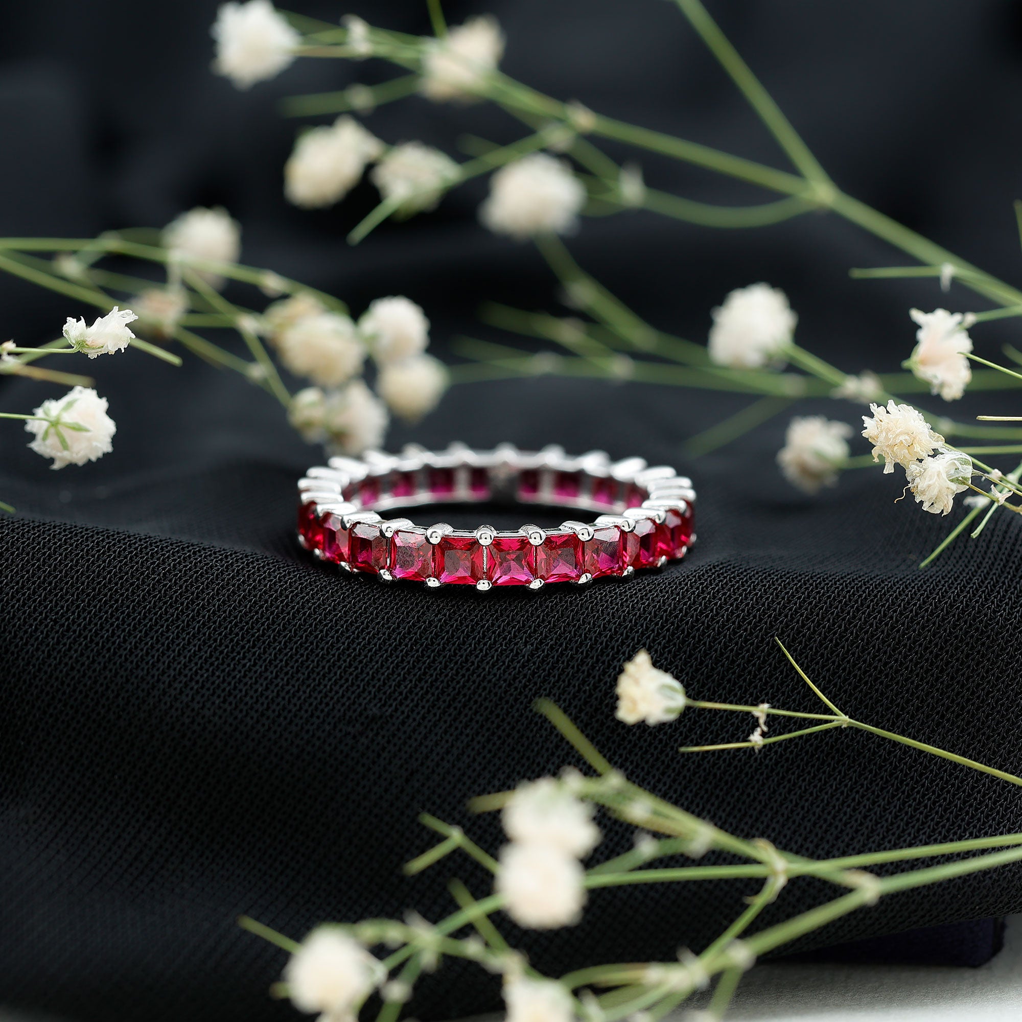 Rosec Jewels-Princess Cut Lab Grown Ruby Eternity Wedding Band for Women