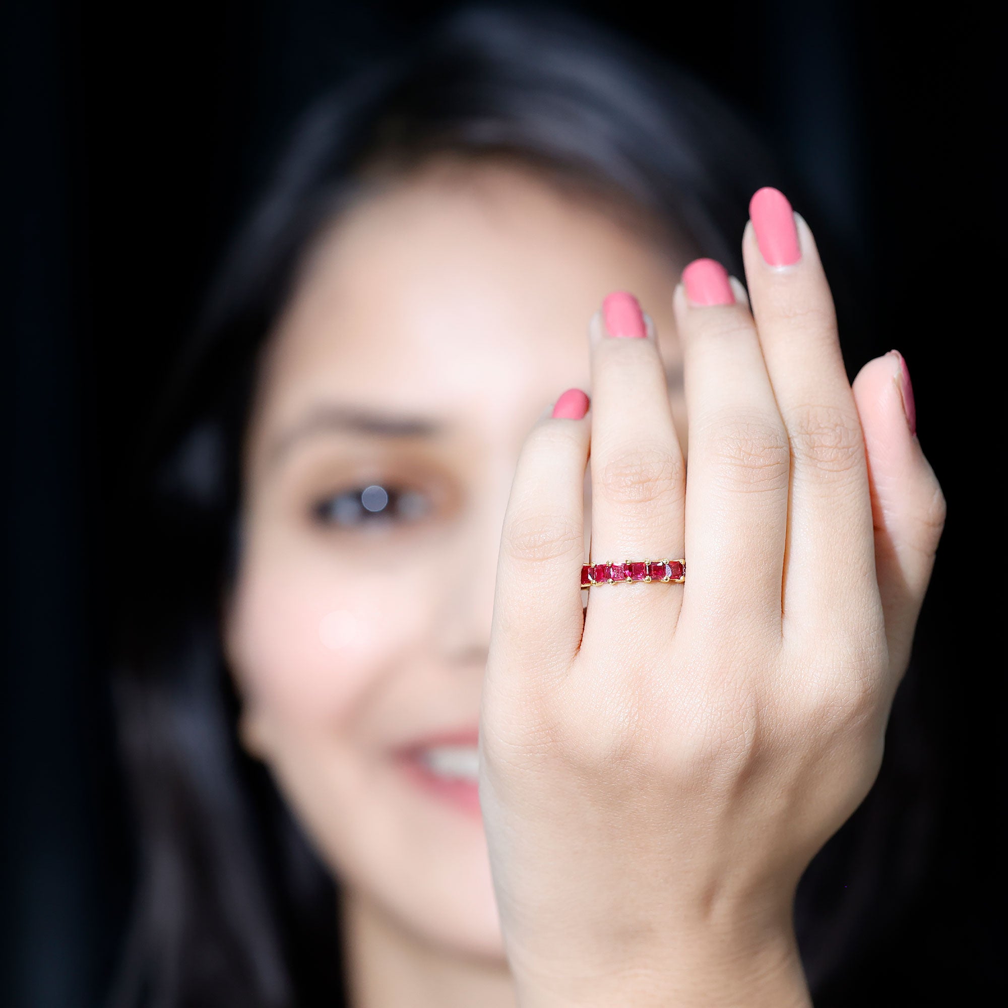 Rosec Jewels-Princess Cut Lab Grown Ruby Eternity Wedding Band for Women