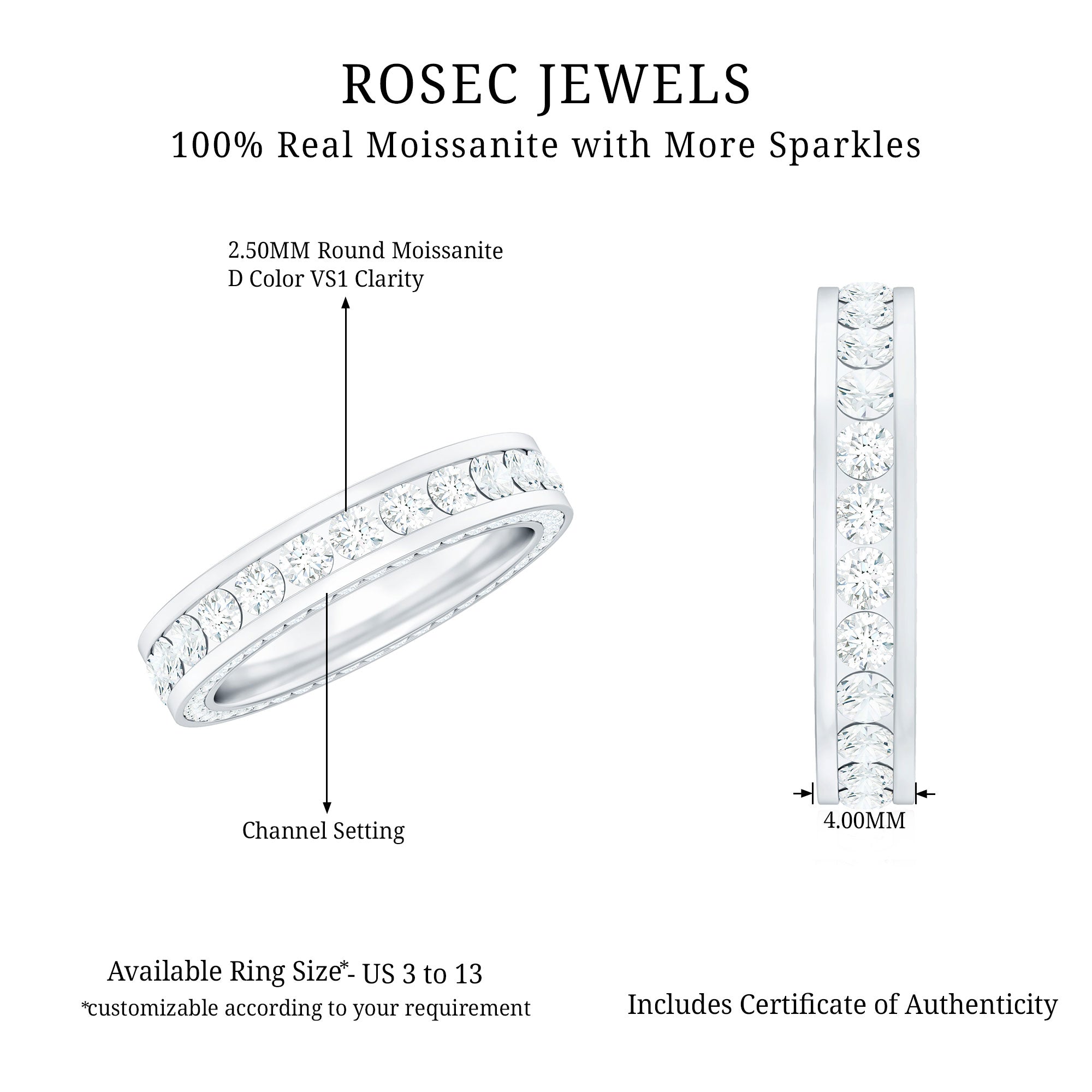 Certified Moissanite Eternity Ring in Channel Setting D-VS1 - Rosec Jewels