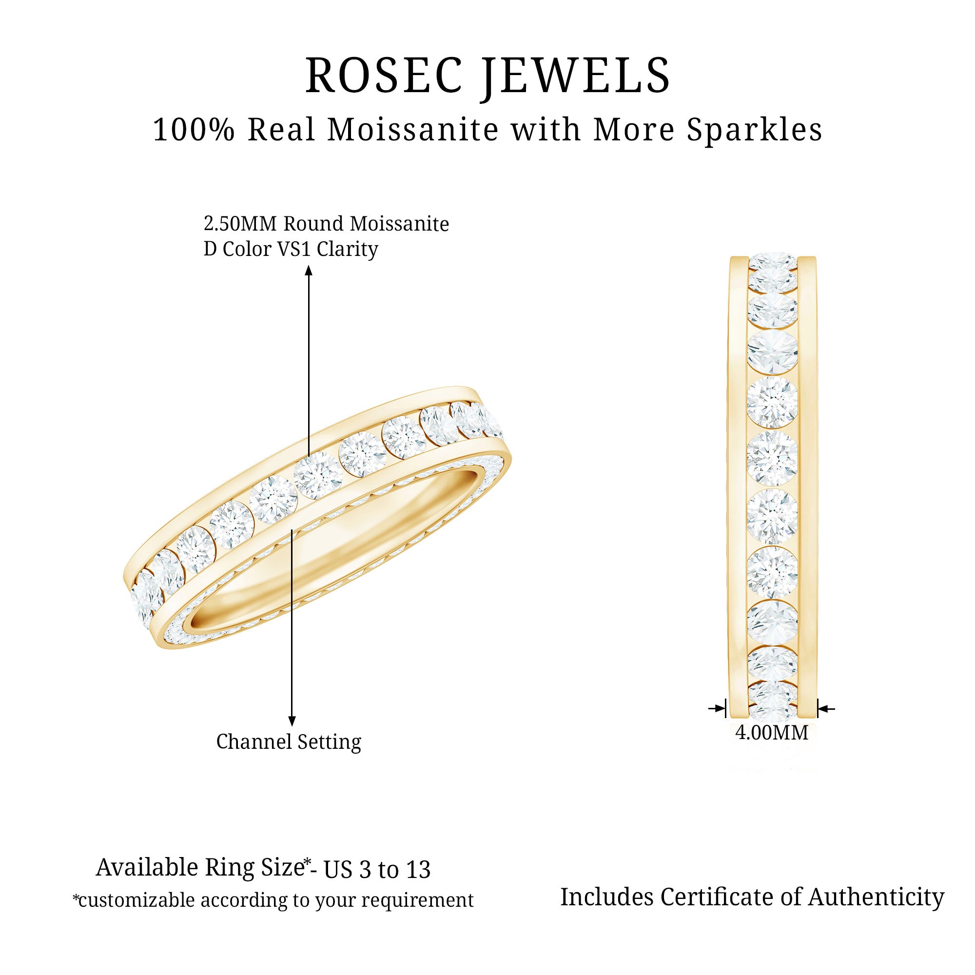 Certified Moissanite Eternity Ring in Channel Setting D-VS1 - Rosec Jewels