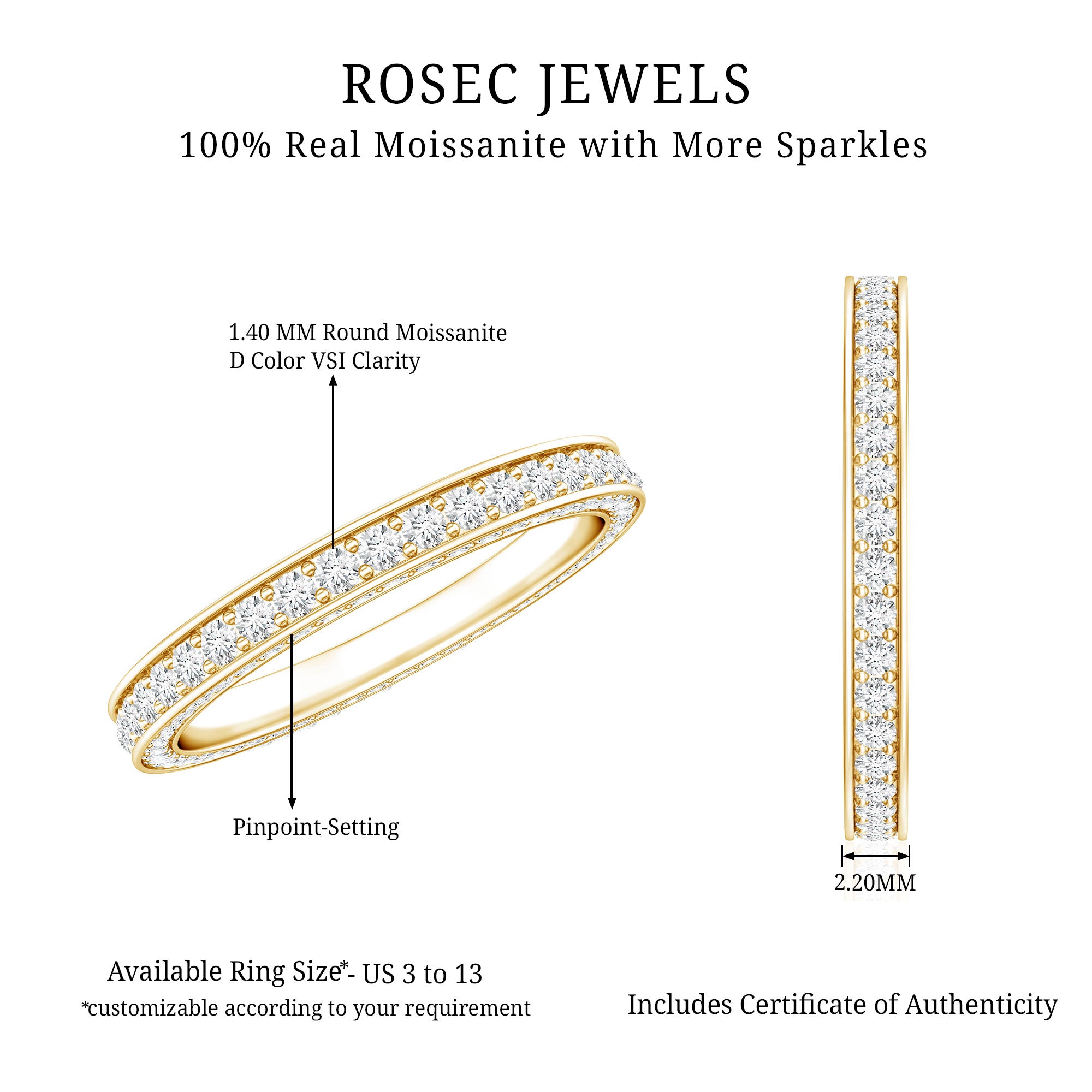 Round Cut Moissanite Full Eternity Wedding Band Ring D-VS1 - Rosec Jewels