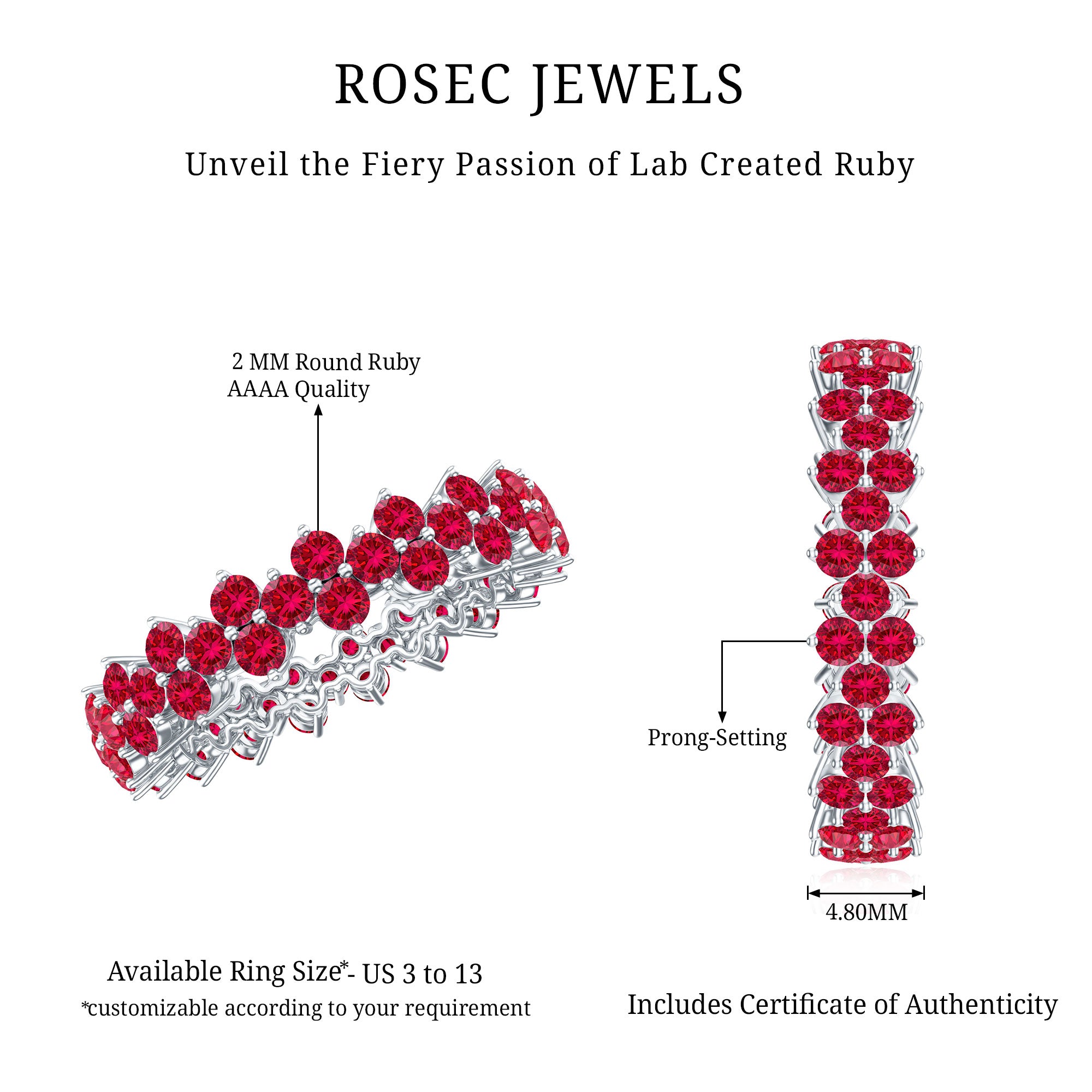 Round Lab Created Ruby Cluster Eternity Ring in Prong Setting AAAA - Rosec Jewels