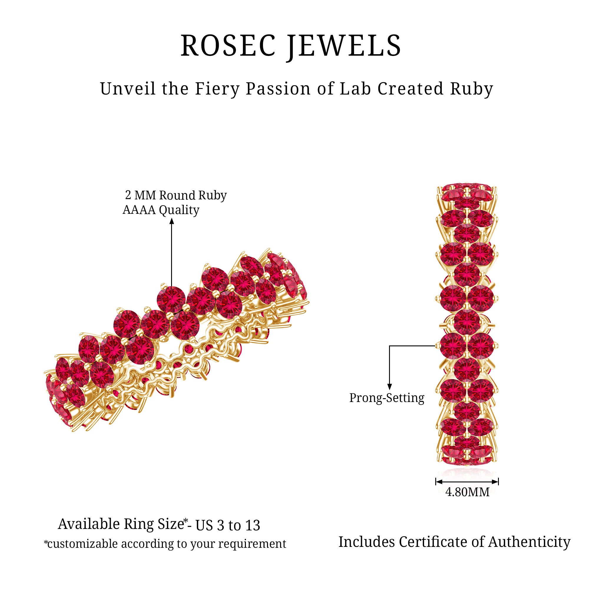 Round Lab Created Ruby Cluster Eternity Ring in Prong Setting AAAA - Rosec Jewels