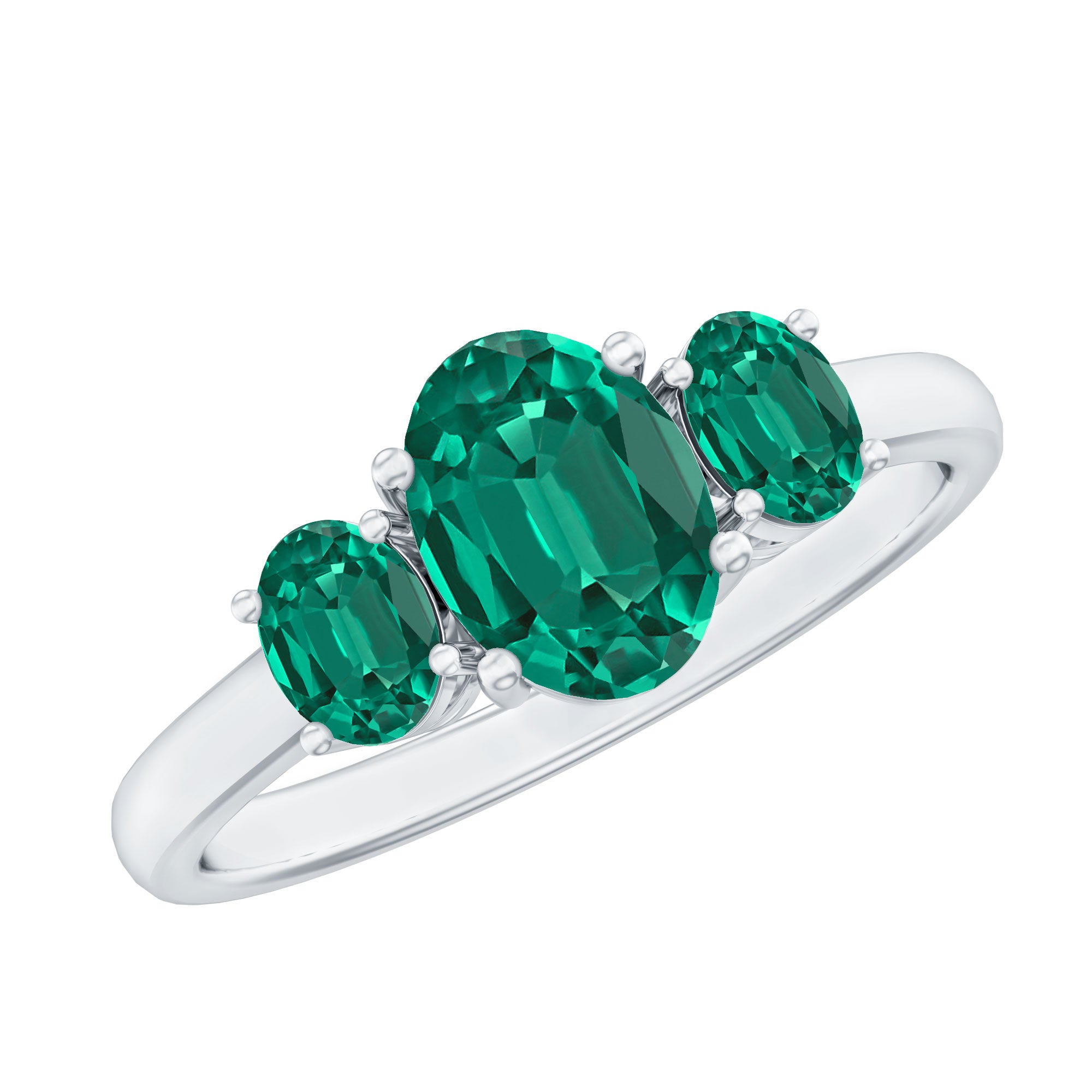 AAAA Quality Oval Cut Lab Created Emerald Three Stone Ring for Women