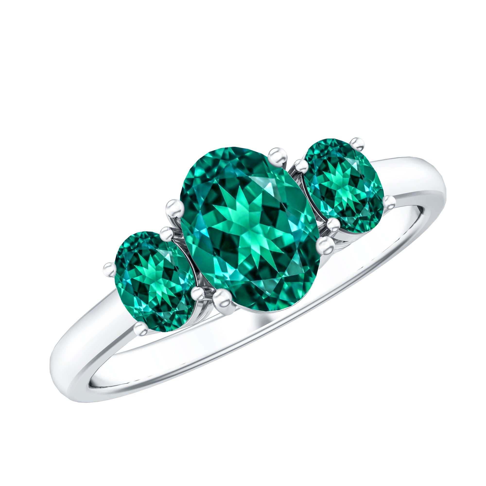 AAAA Quality Oval Cut Lab Created Emerald Three Stone Ring for Women AAAA - Rosec Jewels