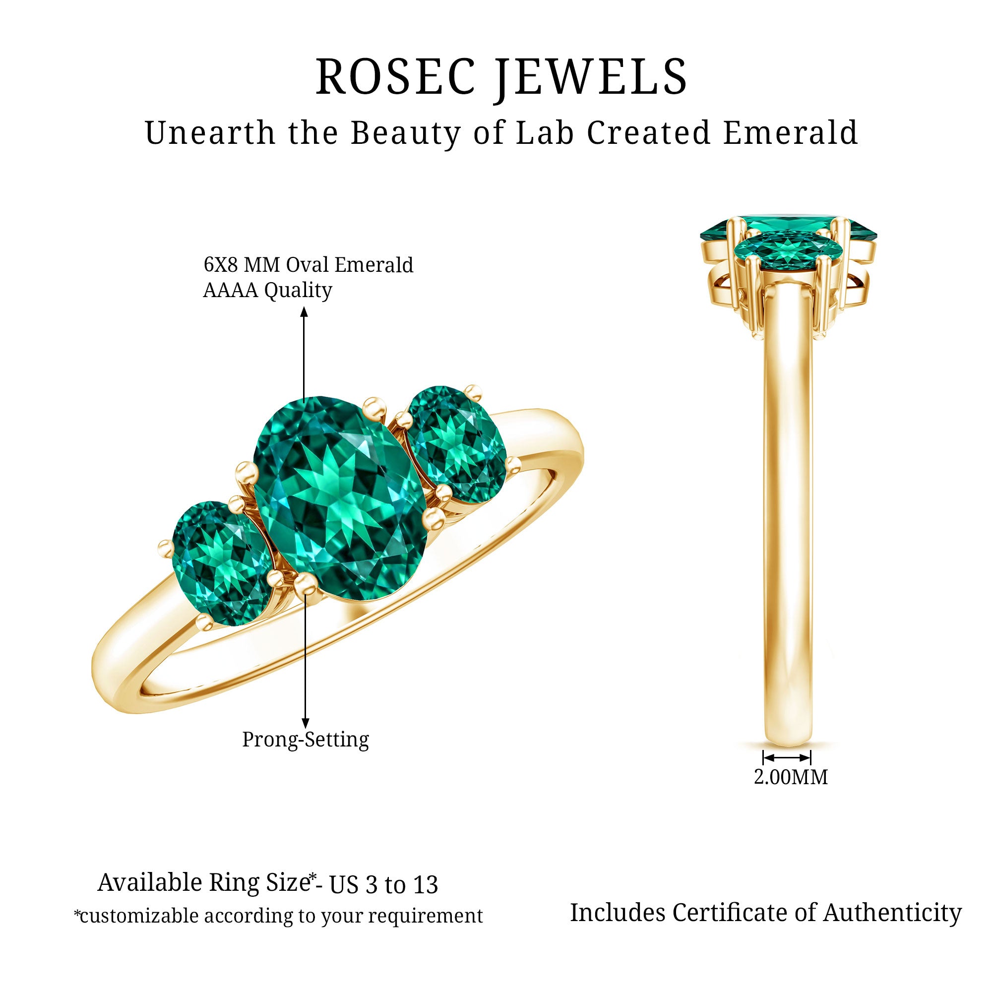 AAAA Quality Oval Cut Lab Created Emerald Three Stone Ring for Women AAAA - Rosec Jewels