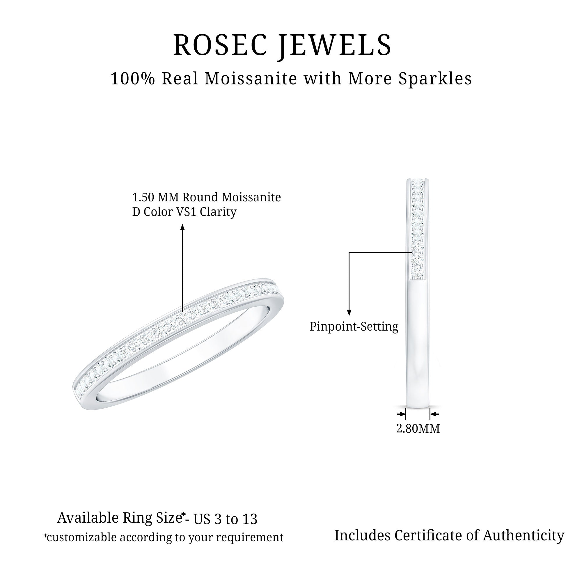 Minimal Moissanite Eternity Band Ring D-VS1 - Rosec Jewels
