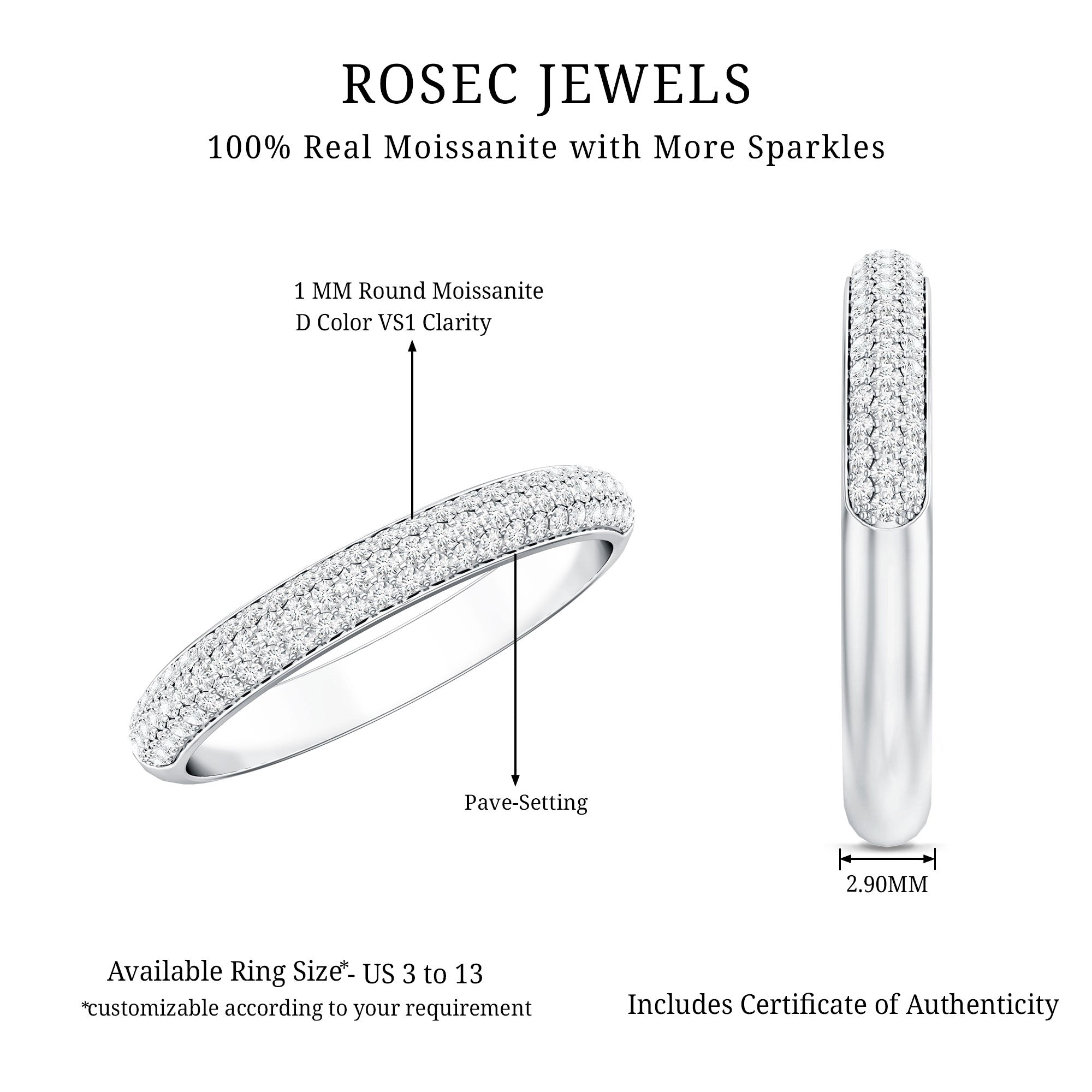 Brilliant Cut Round Moissanite Band Ring For Women D-VS1 - Rosec Jewels