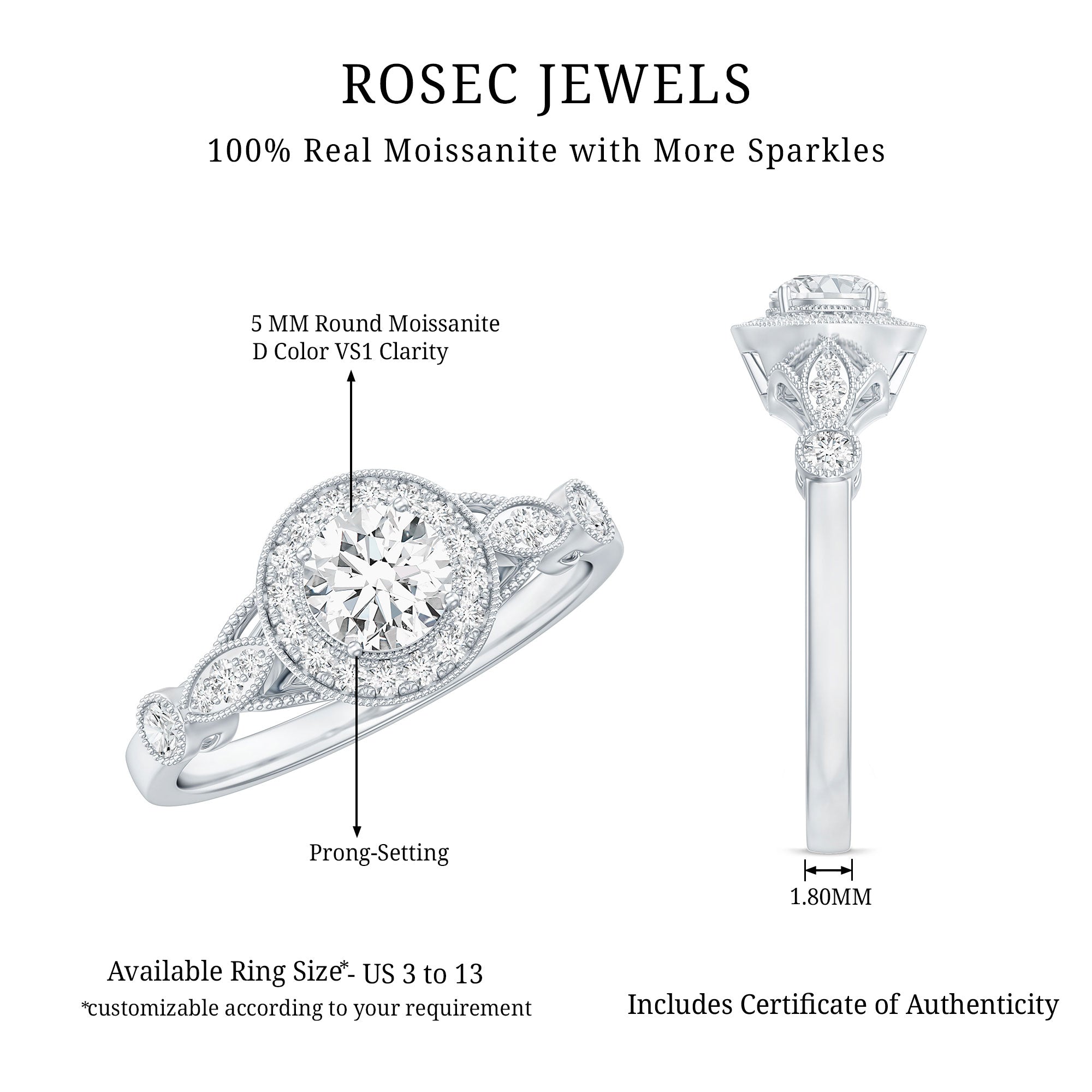 Round Cut Moissanite Antique Engagement Ring D-VS1 - Rosec Jewels