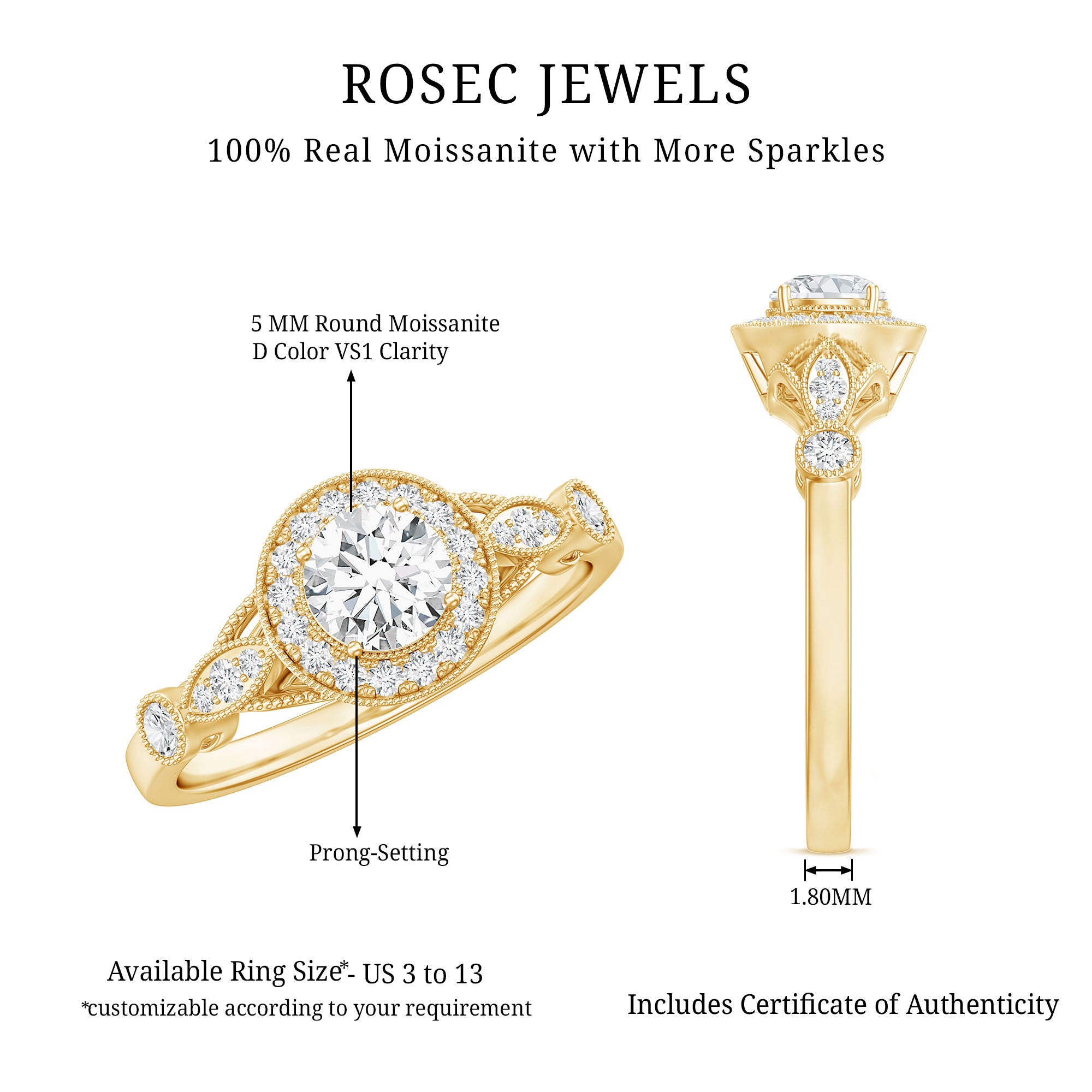 Round Cut Moissanite Antique Engagement Ring D-VS1 - Rosec Jewels