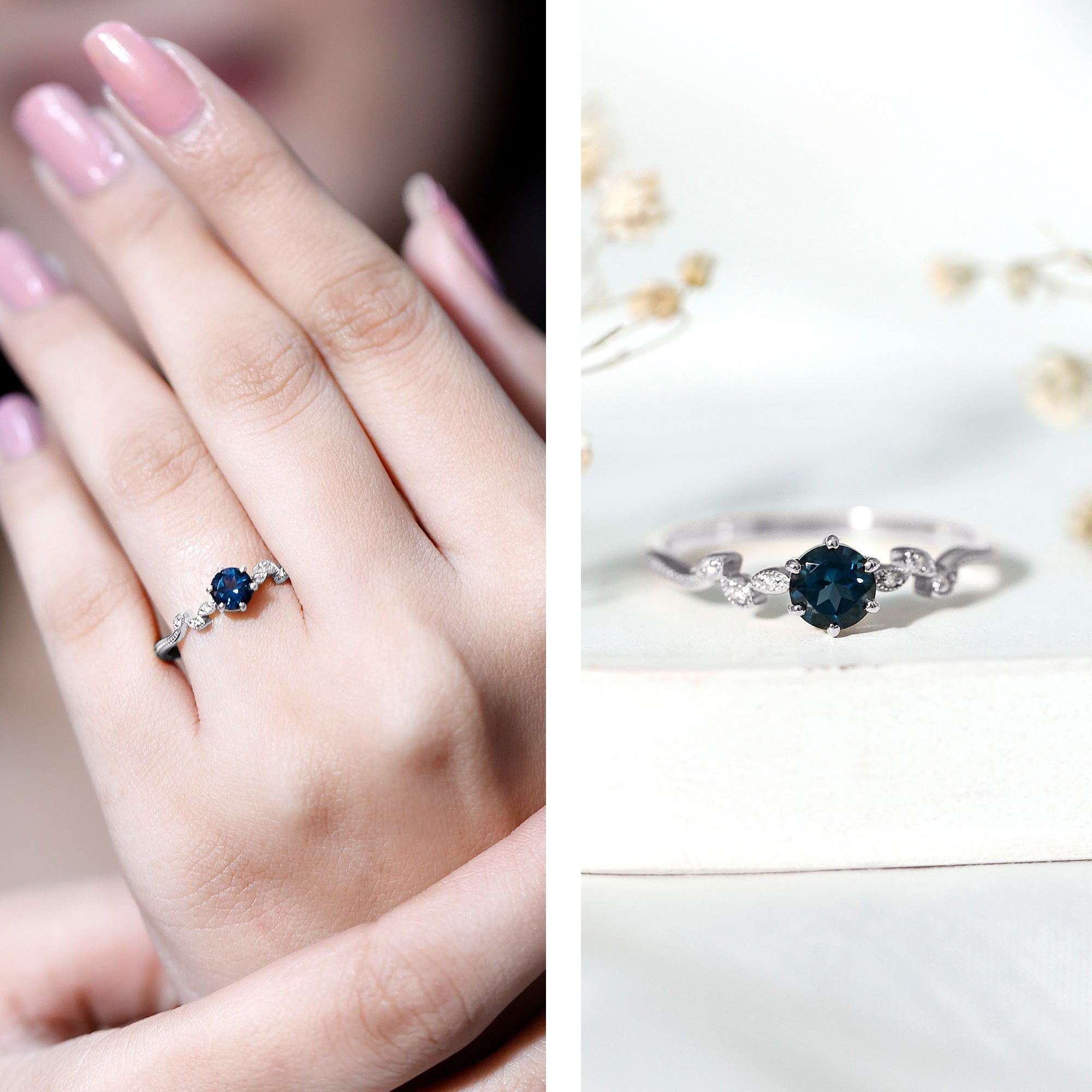 5mm Round London Blue Topaz Commitment Ring with Diamond AAA - Rosec Jewels