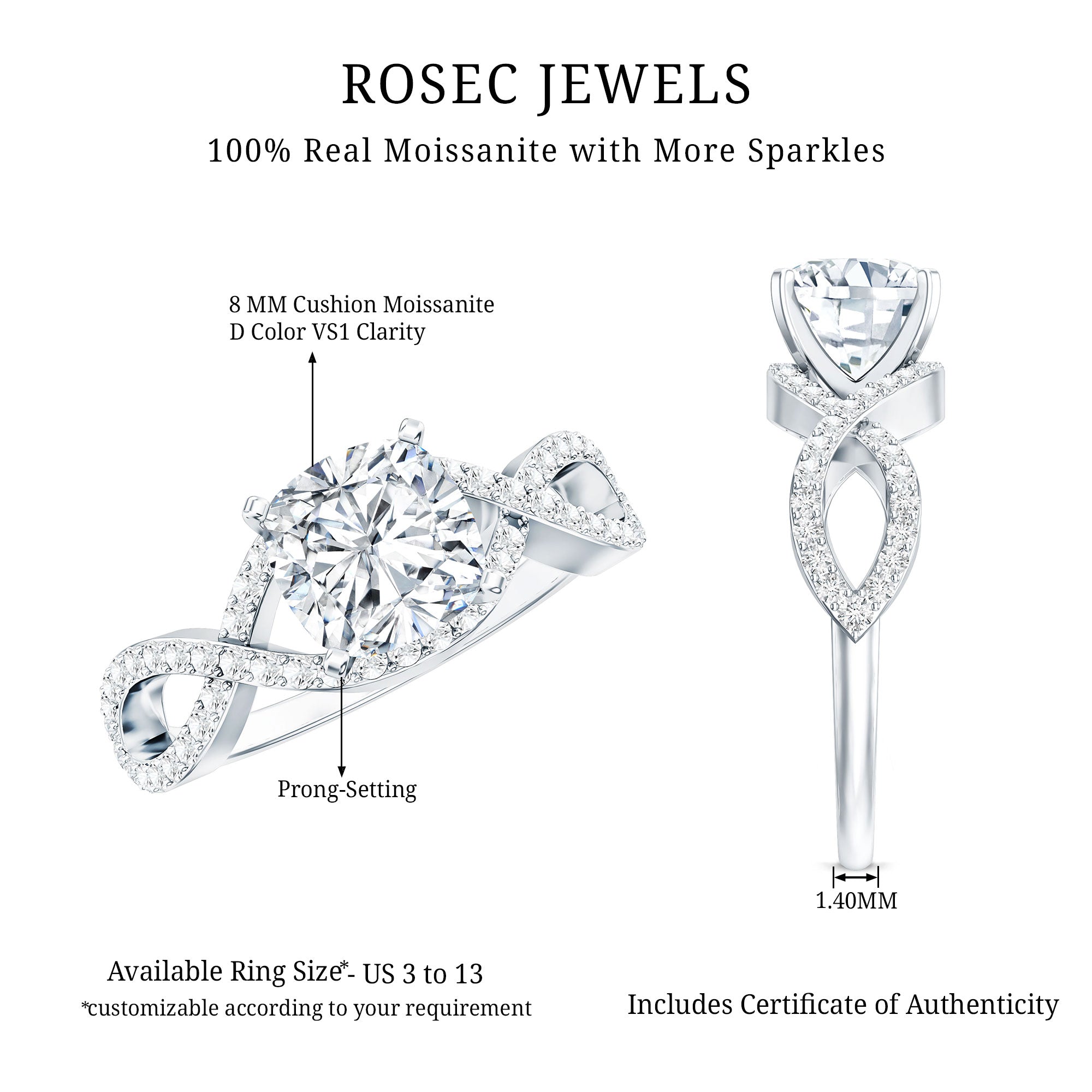 3 CT Cushion Cut Moissanite Solitaire Ring With Crossover Shank D-VS1 - Rosec Jewels
