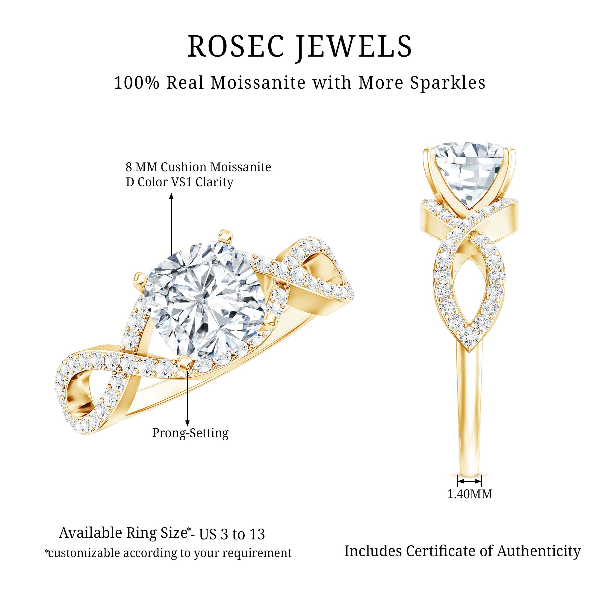 3 CT Cushion Cut Moissanite Solitaire Ring With Crossover Shank D-VS1 - Rosec Jewels