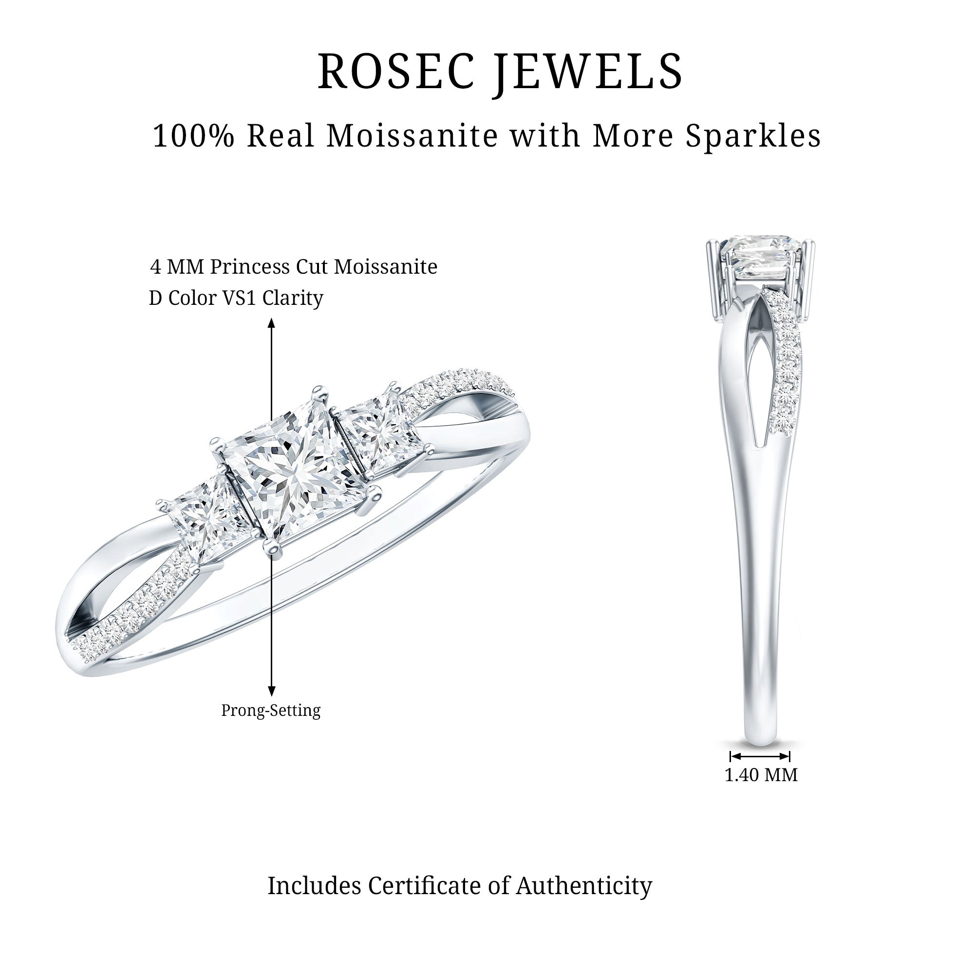 Rosec Jewels-Princess Cut Moissanite Three Stone Engagement Ring