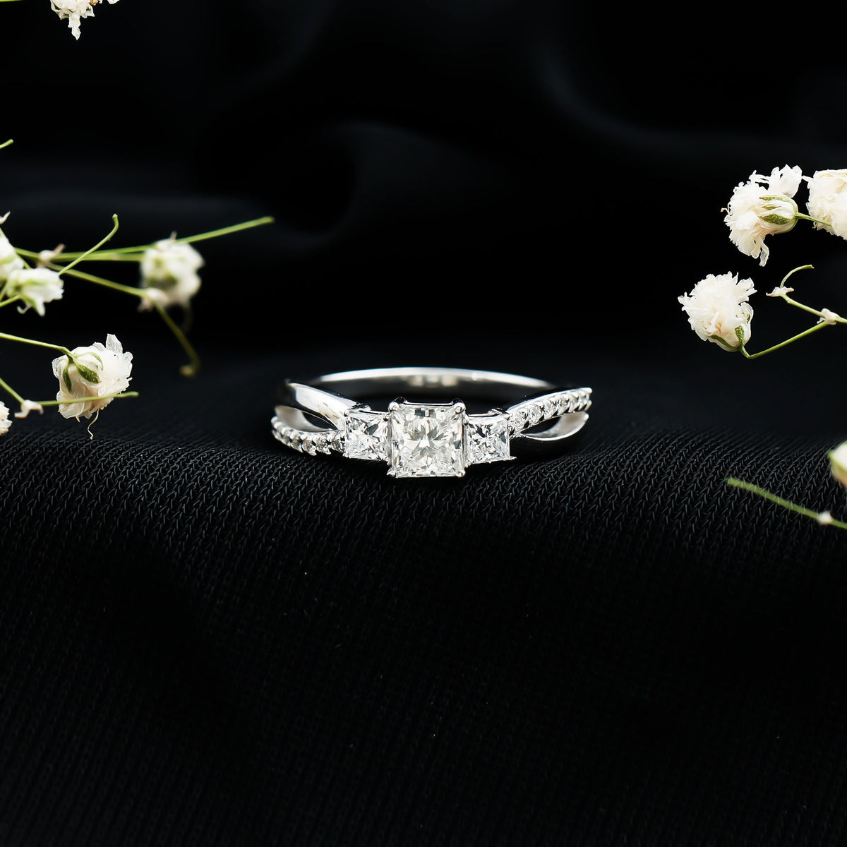 Princess Cut Moissanite Three Stone Engagement Ring D-VS1 - Rosec Jewels