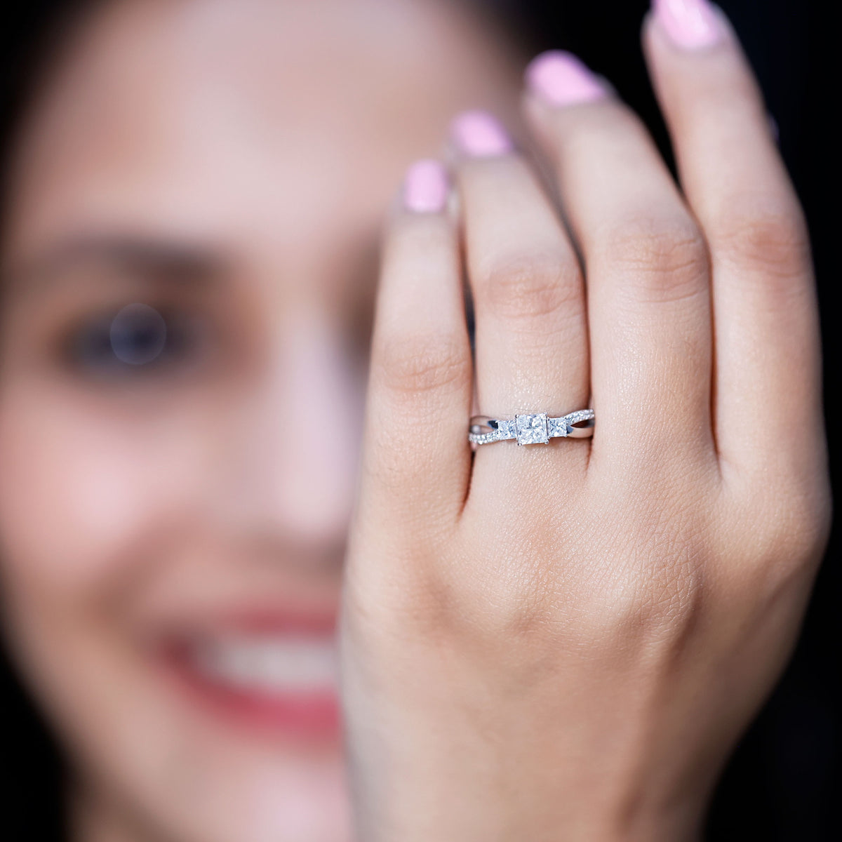 Princess Cut Moissanite Three Stone Engagement Ring D-VS1 - Rosec Jewels