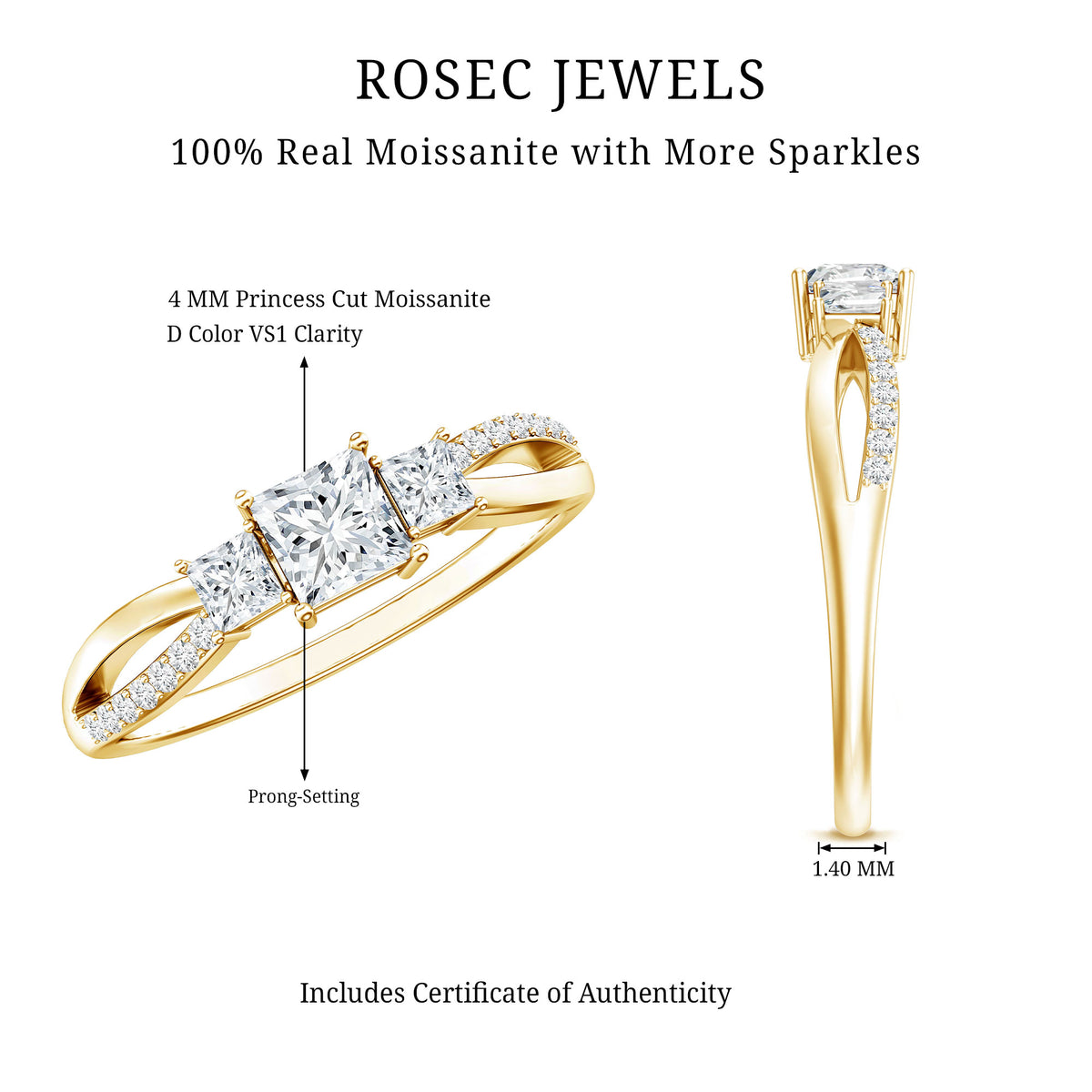 Princess Cut Moissanite Three Stone Engagement Ring D-VS1 - Rosec Jewels