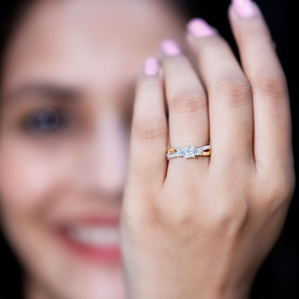 Princess Cut Moissanite Three Stone Engagement Ring D-VS1 - Rosec Jewels