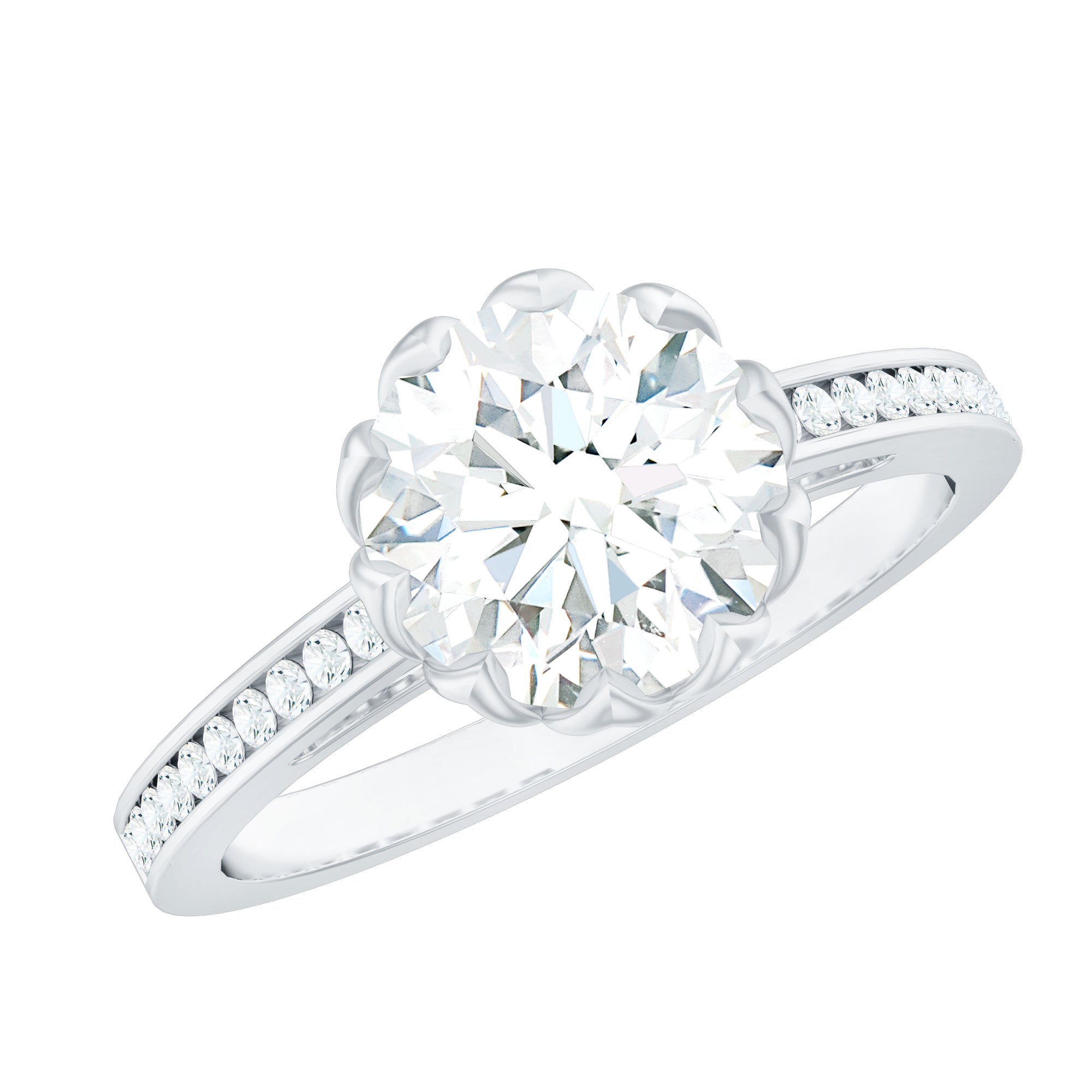 Round Moissanite Lotus Engagement Ring with Side Stones