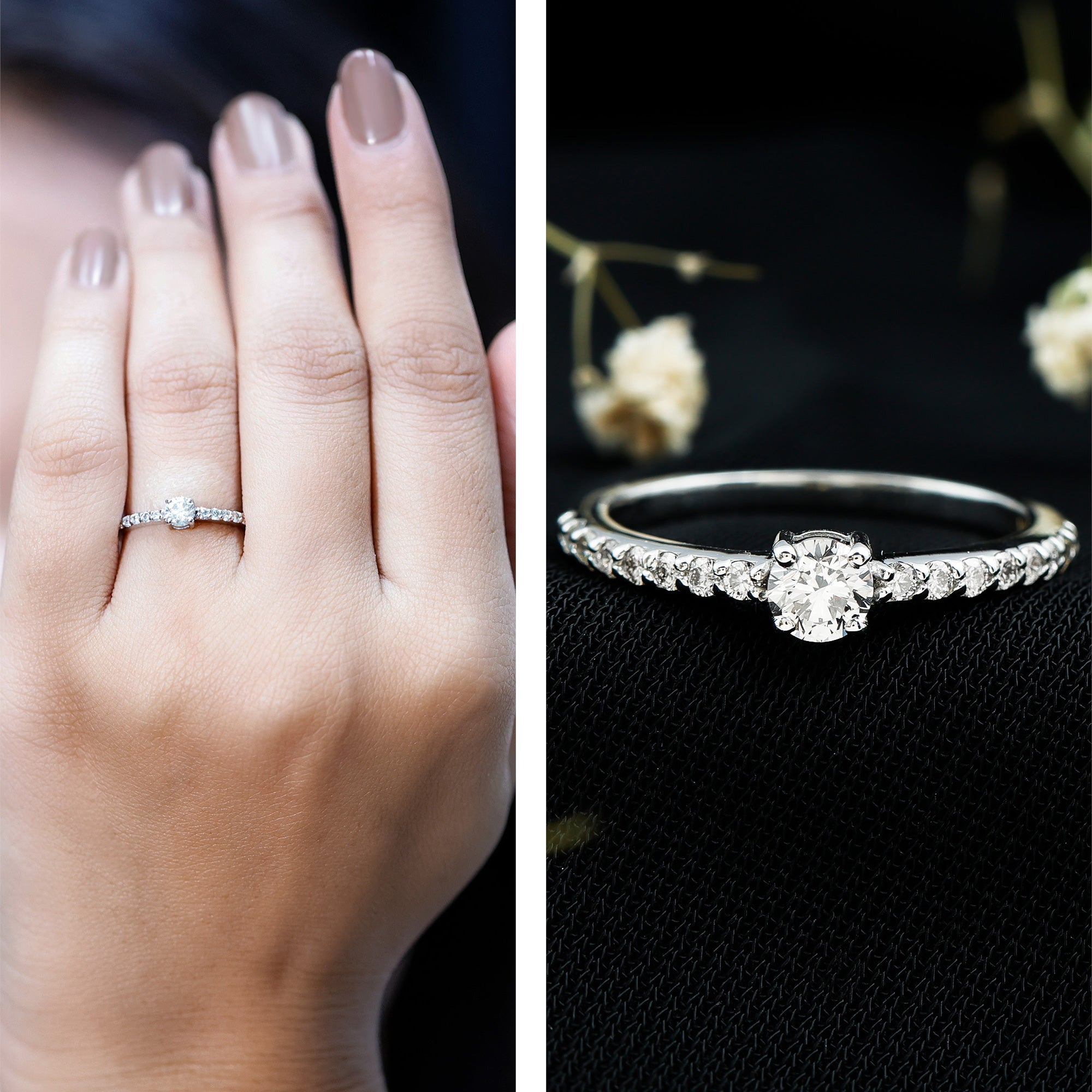 Round Diamond Solitaire Ring with Side Stones Natural - ( HI-SI ) - Rosec Jewels
