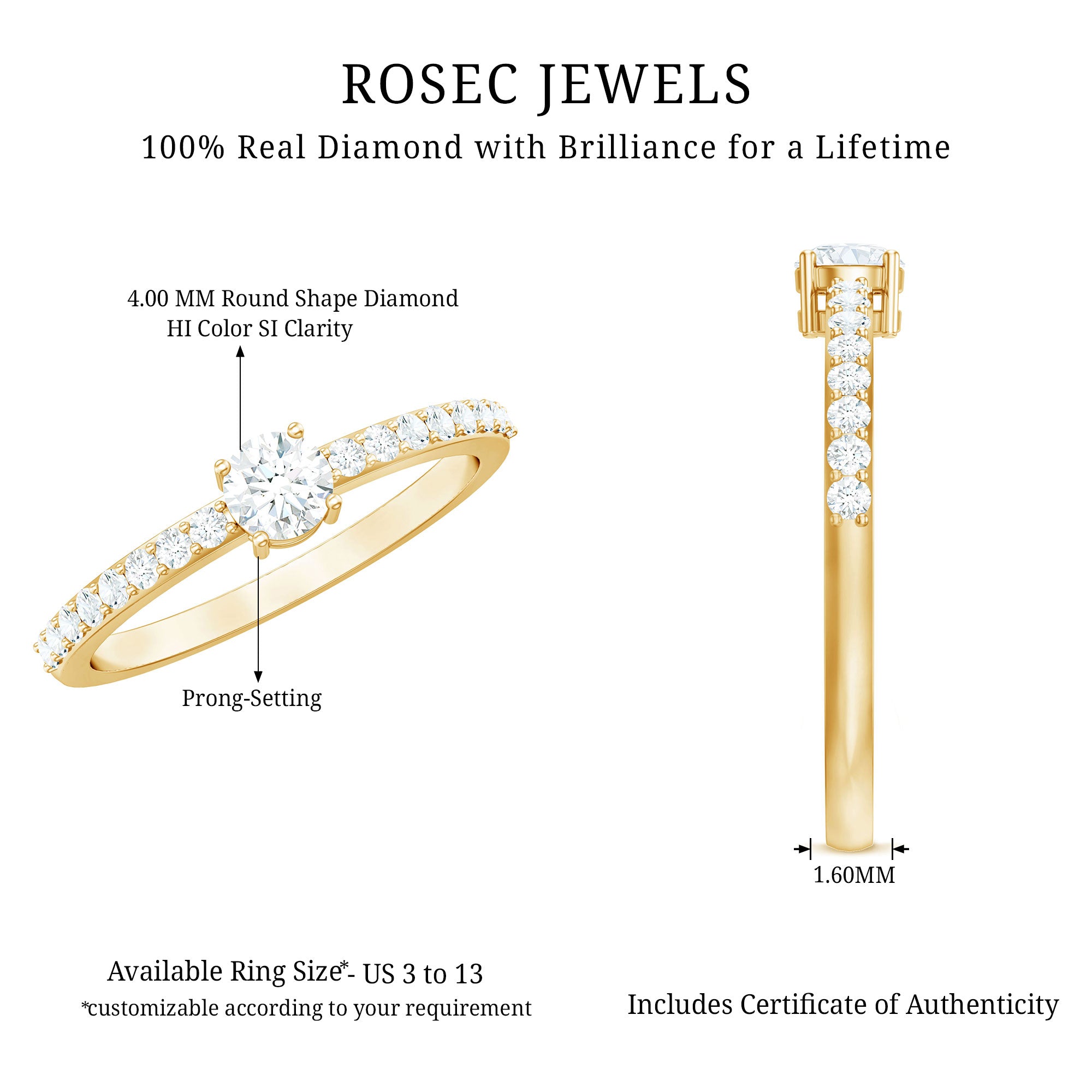 Round Diamond Solitaire Ring with Side Stones Natural - ( HI-SI ) - Rosec Jewels