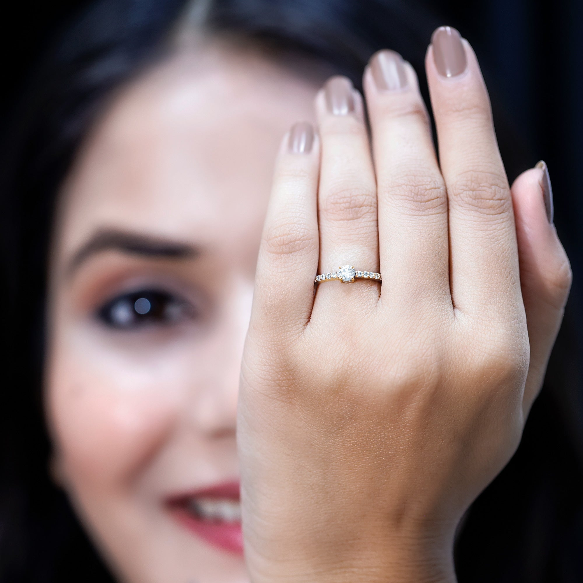 Round Diamond Solitaire Ring with Side Stones Natural - ( HI-SI ) - Rosec Jewels