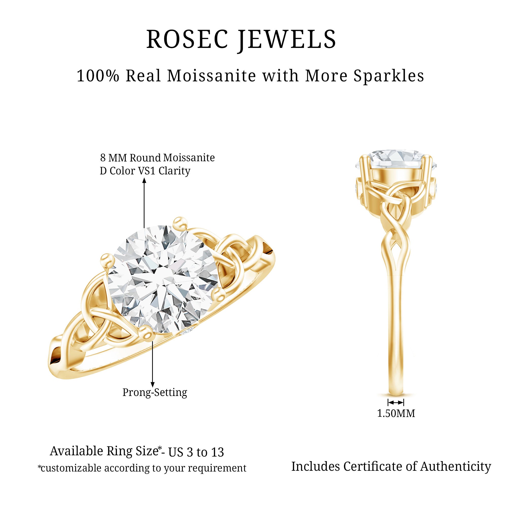 Certified Solitaire Moissanite Celtic Design Engagement Ring D-VS1 - Rosec Jewels